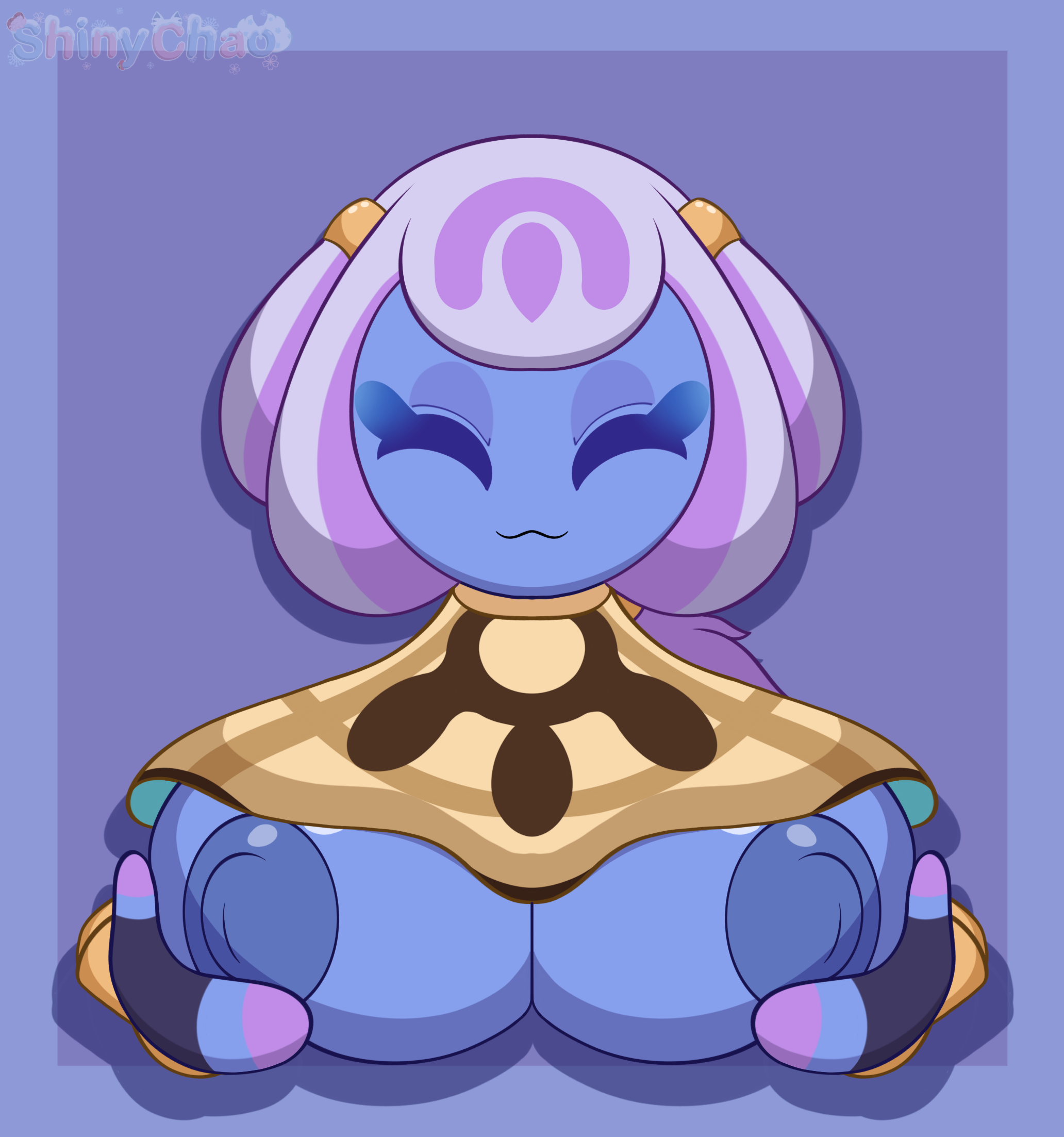 alien, big breasts, blue areola, blue body, blue breasts, blue nipples, breasts, closed eyes, eyelashes, floating hands, hands on breasts, humanoid, kirby (series), kirby and the world beyond, multicolored hair, nintendo, shinychaonsfw, smile, two tone hair, unnamed character, white hair