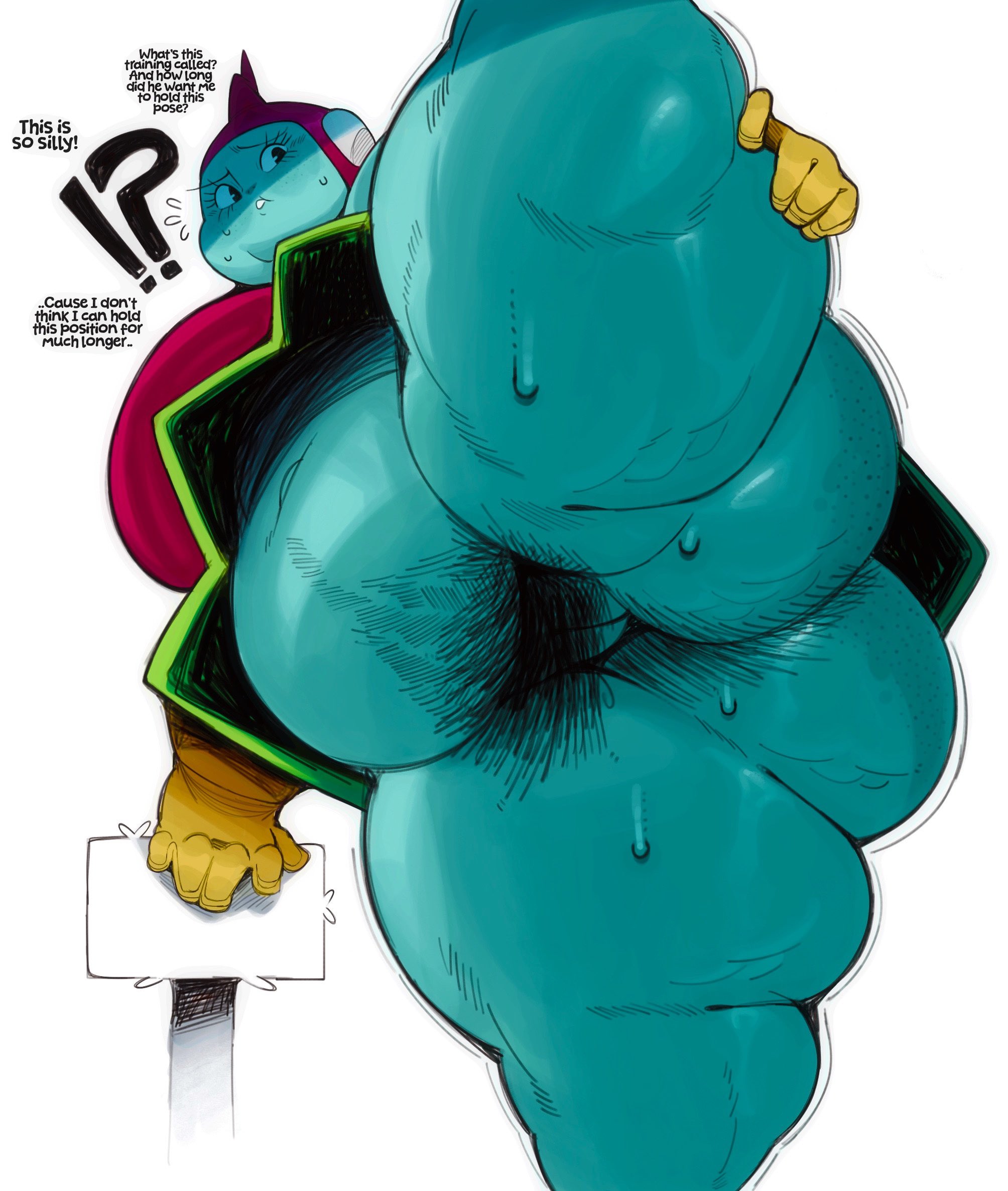 1girls, belly, belly overhang, busty female, butt crack, darkgoku, dragon ball super, flexing, freckles, freckles on ass, freckles on face, hair, hairy pussy, hand on chair, huge ass, legs up, overweight female, ribrianne, thick thighs, upskirt, worried, worried expression, yellow gloves
