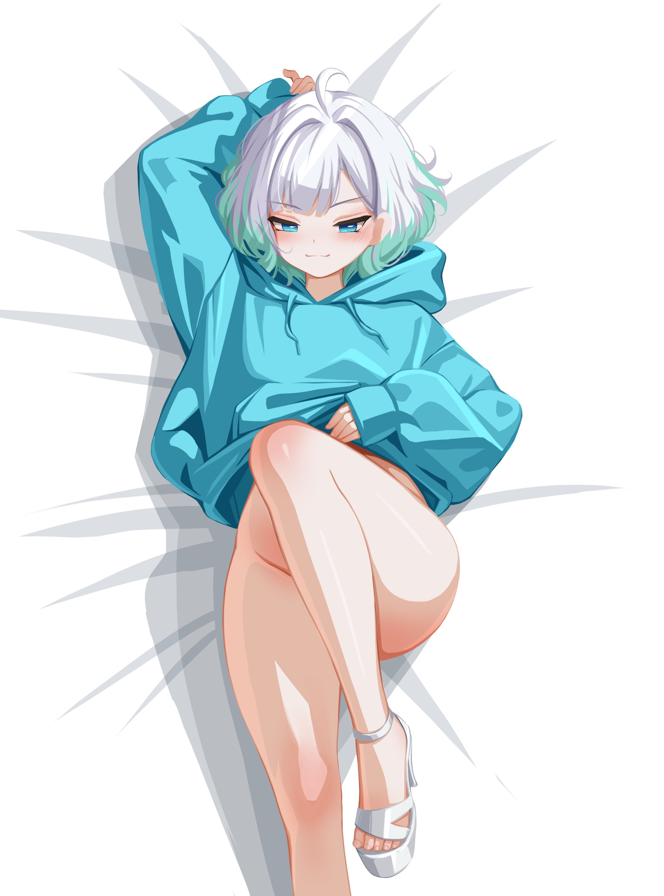 blush, bottomless, closed mouth, convenient censoring, curvy, densetsu.exe, feet, from above, hoodie, huge ass, indie virtual youtuber, looking at viewer, lying on back, lying on bed, mint fantome, naughty face, no panties, sandals, sansha art, seductive, silver sandals, thick thighs, toes, virtual youtuber, wide hips