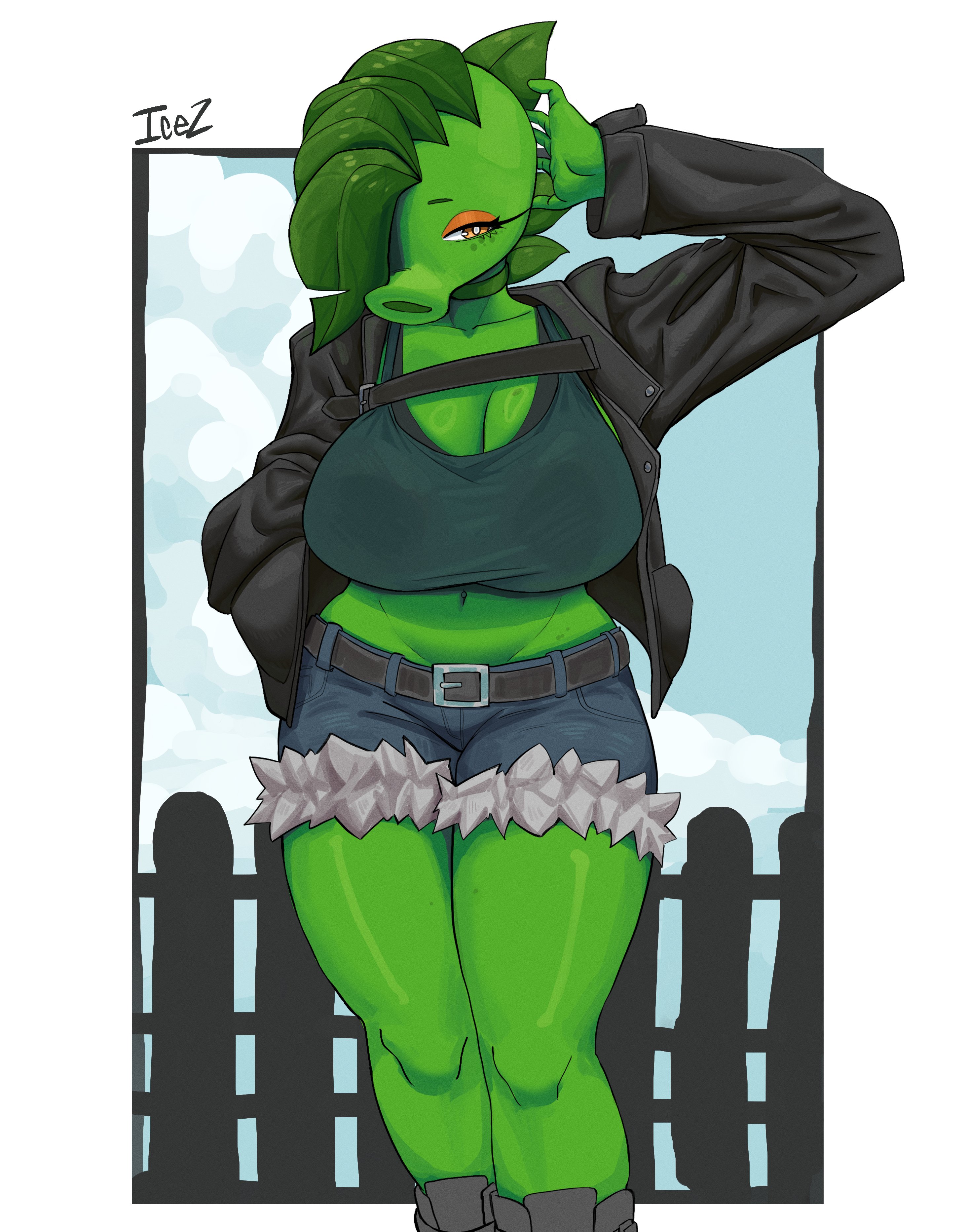 1girls, 2026, anthro, ass, big ass, big breasts, big thighs, breasts, clothed, clothing, electronic arts, female, female only, flora fauna, freckles, gigantic ass, gigantic breasts, gigantic thighs, green body, green hair, green skin, huge ass, huge breasts, huge nipples, huge thighs, leaf, peablaze (leafpaw), peashooter (pvz), plant, plant girl, plant humanoid, plantie, plants vs zombies, plants vs. zombies, popcap, popcap games, pvz, thick thighs, thighs, thong, tomboy, tongue, tongue out, video game, video game character, voluptuous, yellow eyes