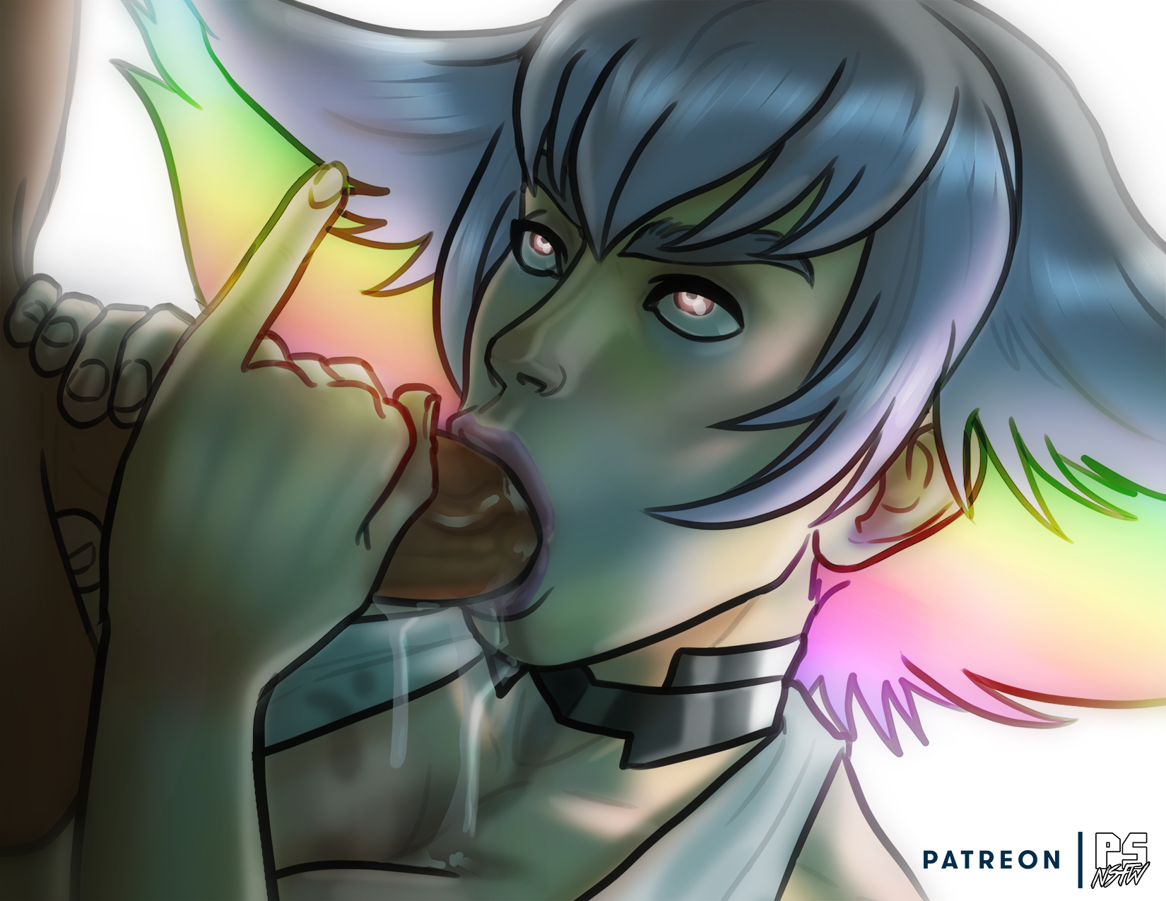 :>=, 1boy, 1girls, angry dragon, balls, breasts, color, cum, erection, fellatio, female, handjob, kill la kill, kiryuuin ragyou, looking up, male, milf, oral, penis, pinky out, pumpkinsinclair, sex, short hair, simple background, straight, uncensored, unseen male face, white background, white hair