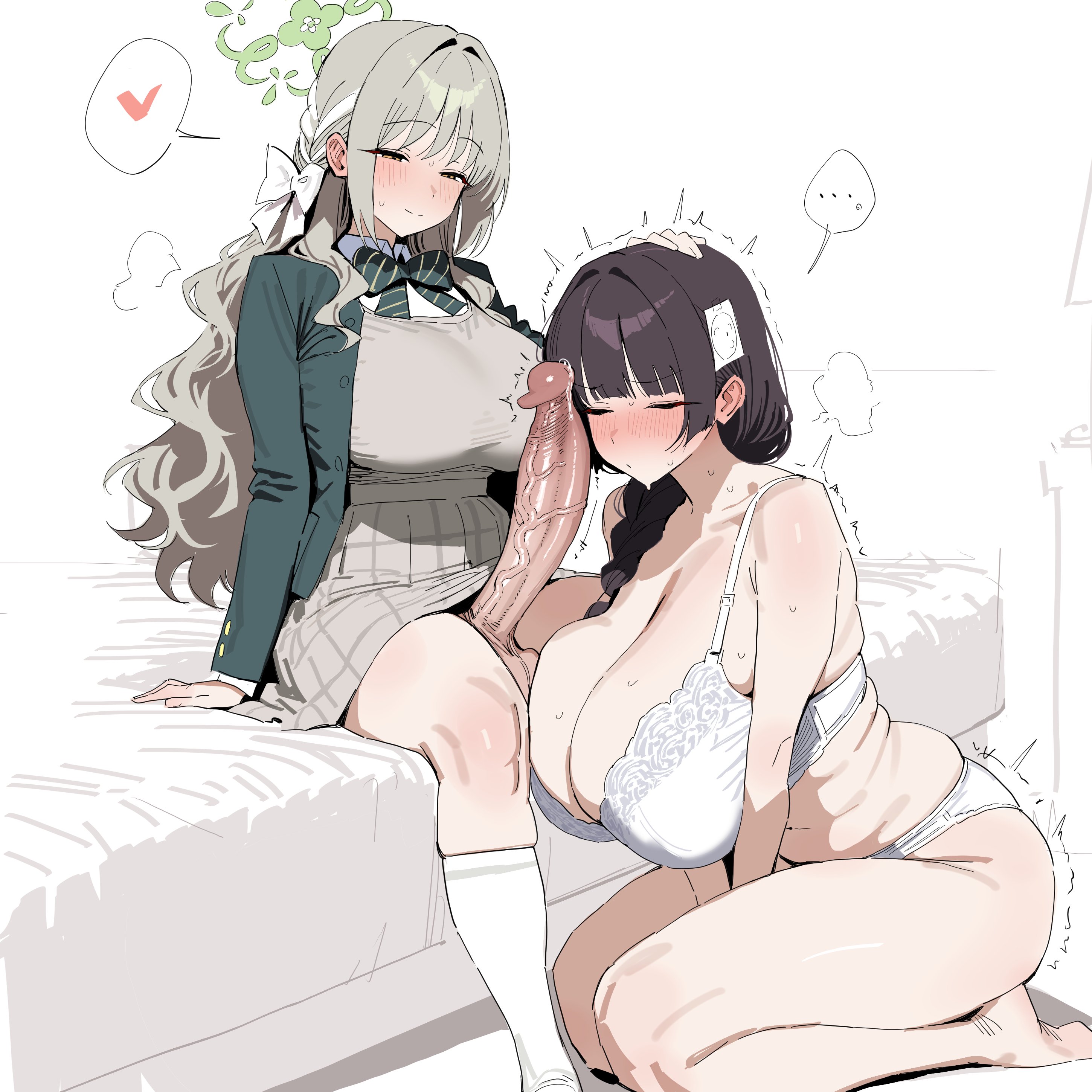 1futa, 1girls, 2026, 2d, 2d (artwork), absurd res, absurdres, age difference, balls, ballsack, bangs, bare shoulders, bedroom eyes, belly, belly button, big breasts, big cock, big penis, big thighs, blue archive, blush, blush lines, blushing, blushing female, blushing profusely, bottomless, bottomless futa, bra, braid, braided hair, braided ponytail, breasts bigger than head, brown hair, club shaped penis, cock, collarbone, curvy, dick, dickgirl, dickgirl/female, erect penis, erection, female, female sensei (blue archive), female sensei (blue archive) (xipa), flared glans, flared penis, futa on female, futa with female, futanari, genitals, gigantic breasts, green hair, hi res, highres, huge balls, huge breasts, huge penis, imminent oral, imminent sex, inminent sex, intersex, intersex/female, large breasts, large cock, large penis, large thighs, light skin, light-skinned female, light-skinned futa, long hair, long penis, mature female, midriff, milf, miyo (blue archive), mom bod, navel, panties, penis, penis against face, penis awe, ponytail, scrotum, sensei (blue archive), side ponytail, size difference, small but hung, small dom, stomach, straight hair, sweat, sweatdrop, sweating, sweaty, sweaty breasts, testicles, thick, thick legs, thick penis, thick thighs, thighs, underwear, very long hair, xipa