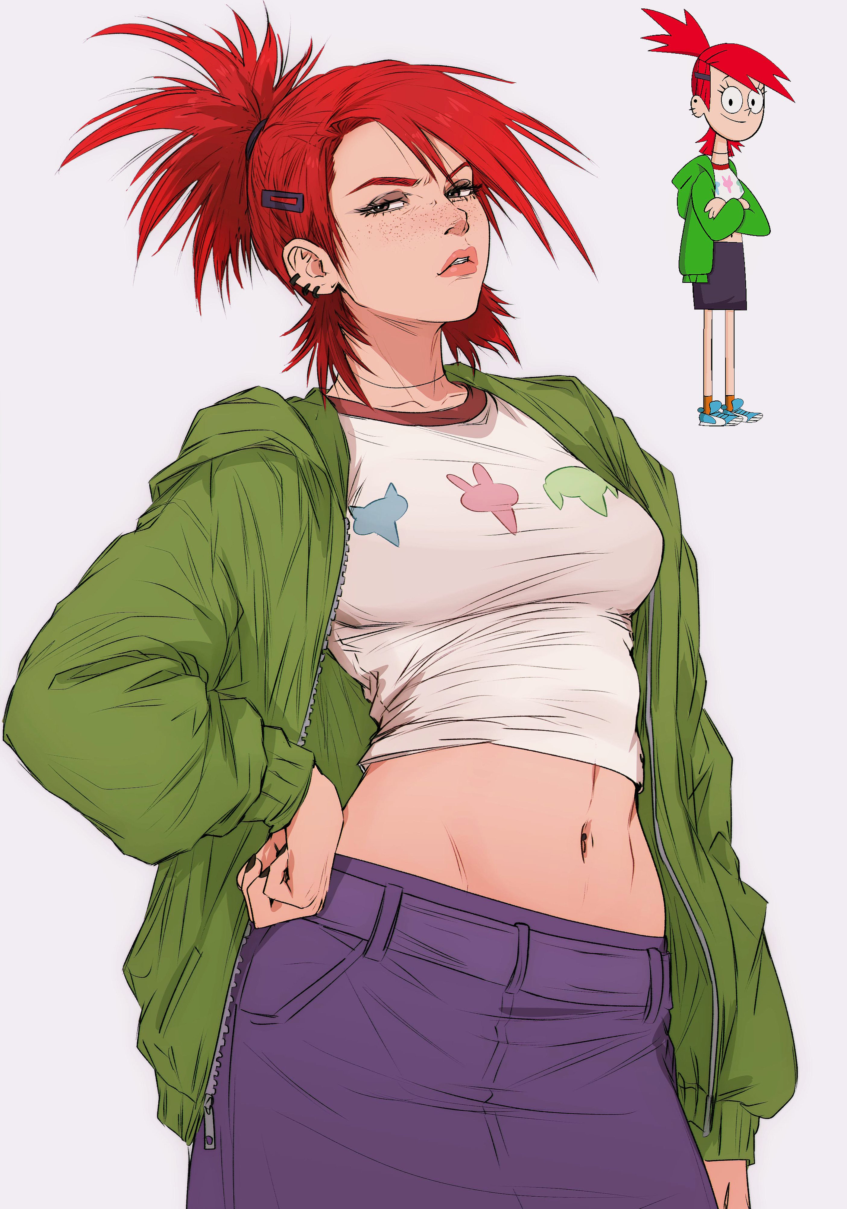 1girls, bare midriff, foster's home for imaginary friends, frankie foster, freckles, freckles on face, fully clothed, hand on hip, jacket, looking at viewer, medium breasts, red hair, skirt, solo, solo female, yoracrab