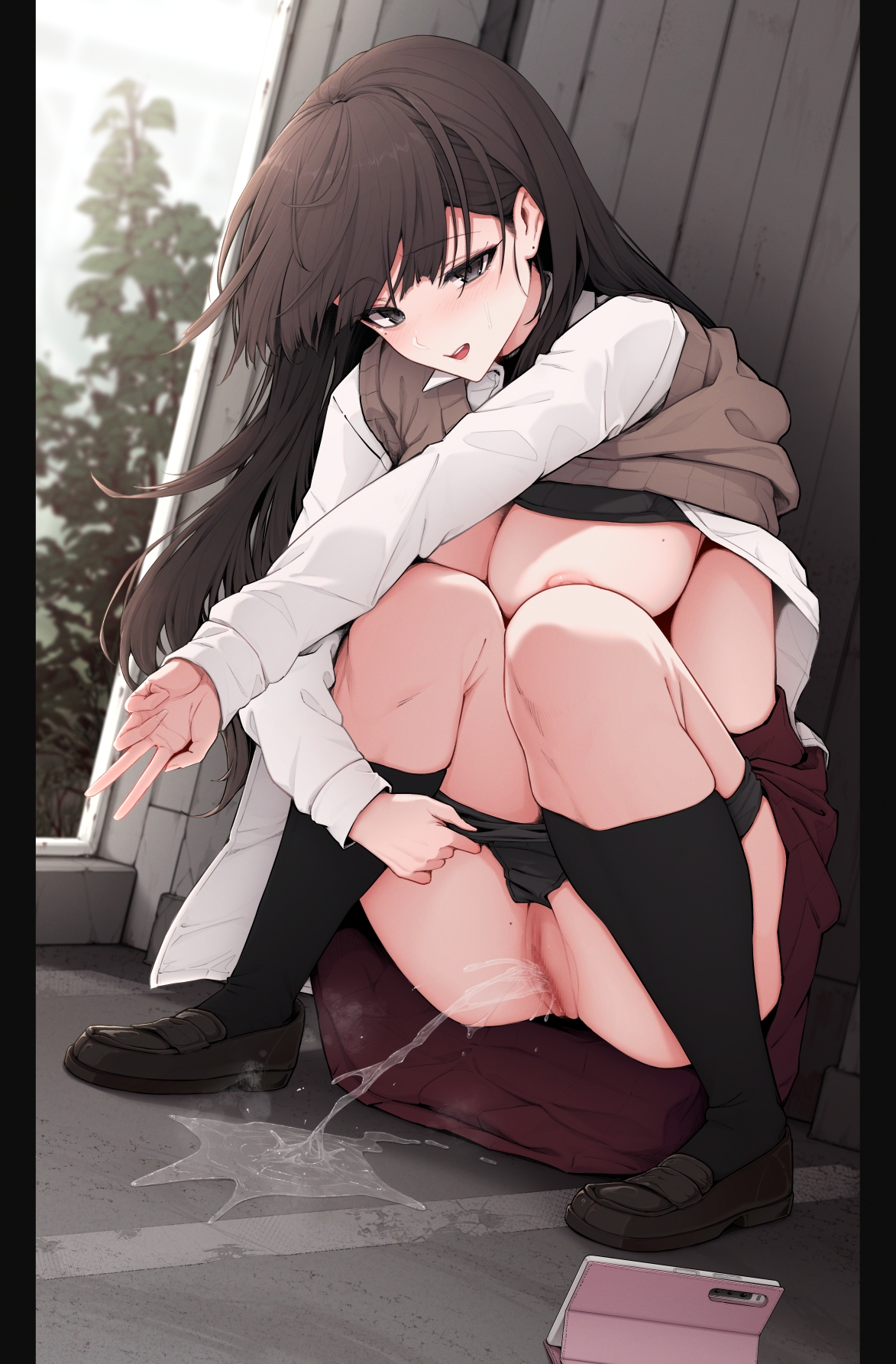 1girl, ass, bangs, black bra, black eyes, black footwear, black hair, black legwear, black panties, blush, bra, bra lift, breasts, cellphone, eyebrows visible through hair, kneehighs, kokomachi, large breasts, long hair, looking at viewer, open mouth, panties, panty pull, pee squat outdoors, peeing, phone, pussy, school uniform, shirt, shoes, skirt, smartphone, smile, solo, squatting, tongue, underwear