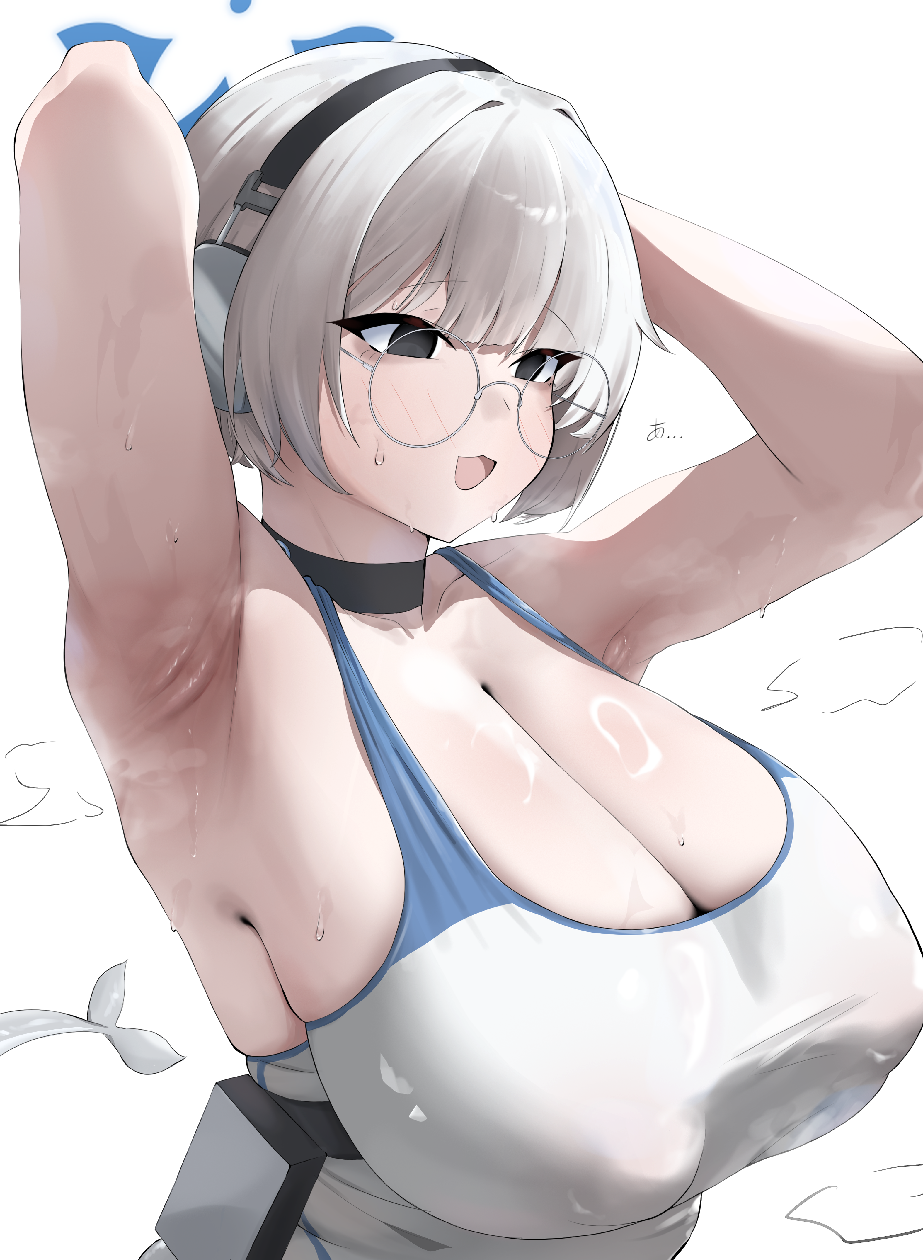 1girls, absurdres, armpit crease, armpits, arms behind head, blue archive, blue halo, blunt bangs, blush, breasts, choker, cleavage, collarbone, covered erect nipples, diving club (blue archive), female, female only, grey hair, halo, headphones, highres, kotone (blue archive), large breasts, light skin, light-skinned female, mole, mole on breast, odyssey maritime school, one-piece swimsuit, open mouth, plump, practicerecord, round eyewear, short hair, solo, swimsuit, white one-piece swimsuit