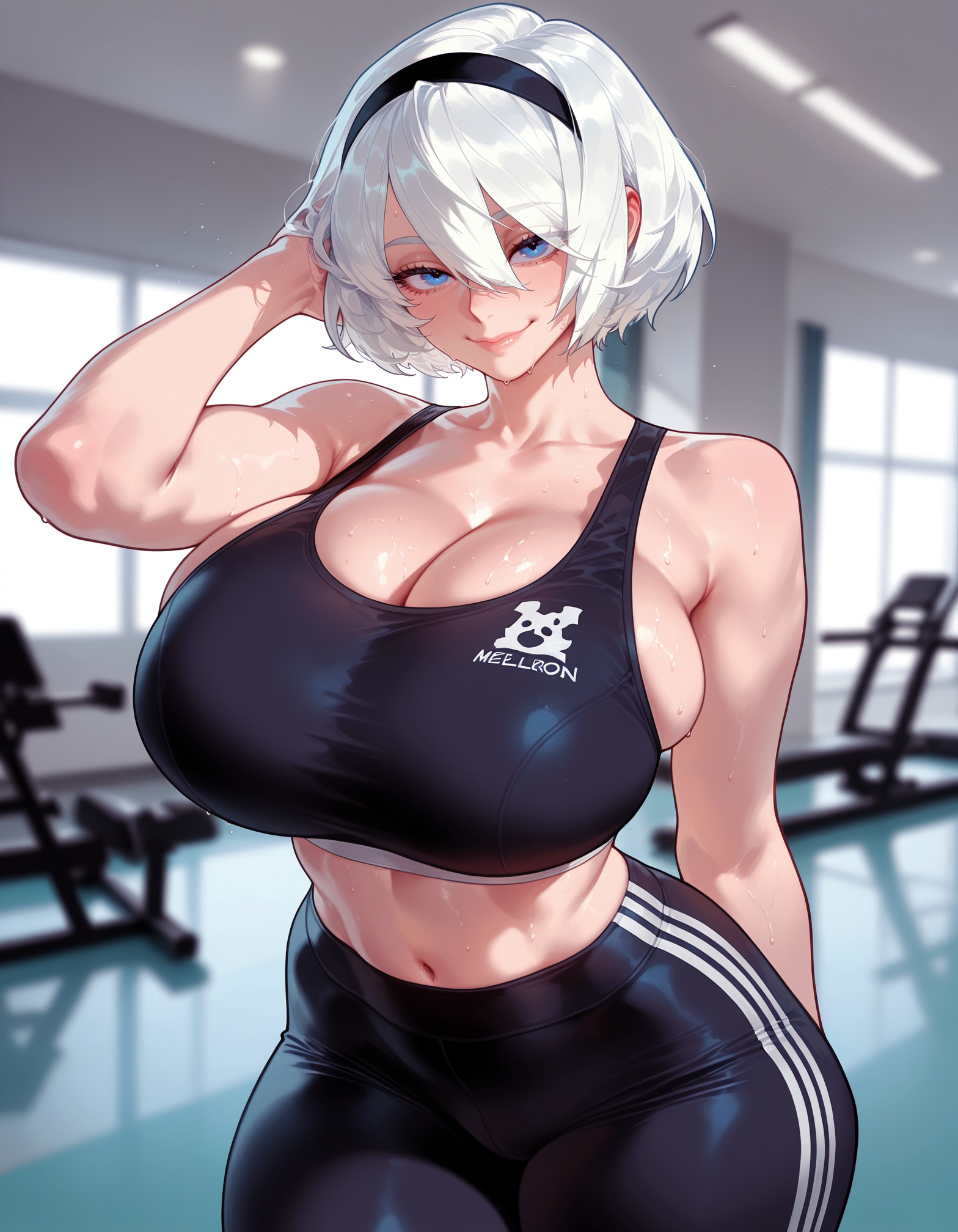 1girl, 1girls, 2b (nier:automata), adidas, ai generated, alternate breast size, alternate costume, balecxi, bare shoulders, black hairband, black pants, black sports bra, blue eyes, blurry background, bra, breasts, cleavage, clothing, collarbone, crop top, curvaceous, curvaceous female, curvaceous figure, curvy, curvy figure, double vertical stripe, female, female focus, gym, hair between eyes, hairband, huge breasts, indoors, inviting, inviting to sex, large breasts, looking at viewer, midriff, mole, mole under mouth, navel, nier (series), nier: automata, nike (company), no blindfold, pants, presenting, presenting breasts, presenting self, seductive, seductive look, seductive smile, short hair, skindentation, smile, solo, sports bra, sportswear, standing, thick thighs, thighs, tight clothes, track pants, uncensored, voluptuous, voluptuous female, white hair, wide hips, window, yoga pants, yorha 2b
