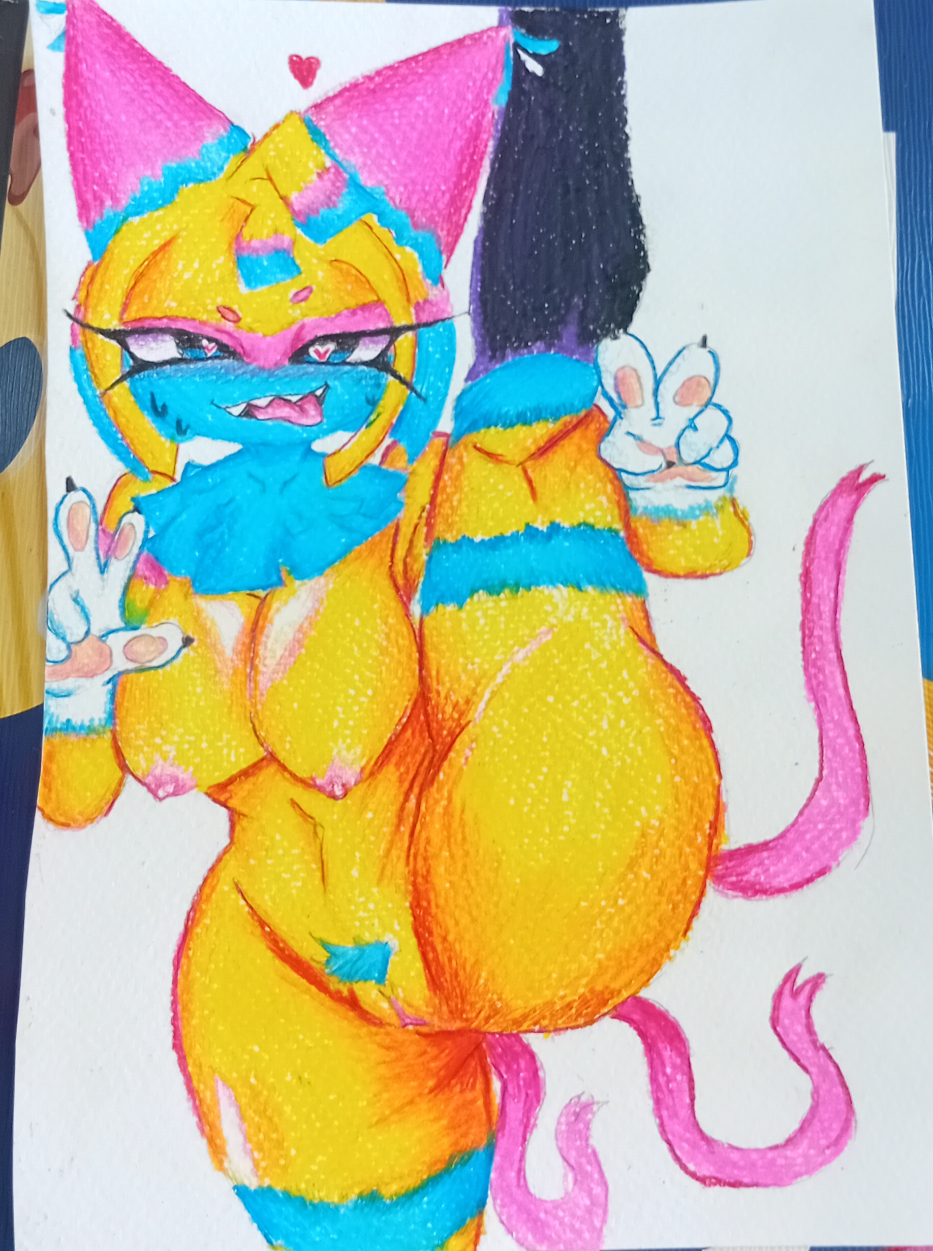 big breasts, dandy's world, furry, heart eyes, nipples, pencil (artwork), pussy, yatta (dandy's world), yellow body