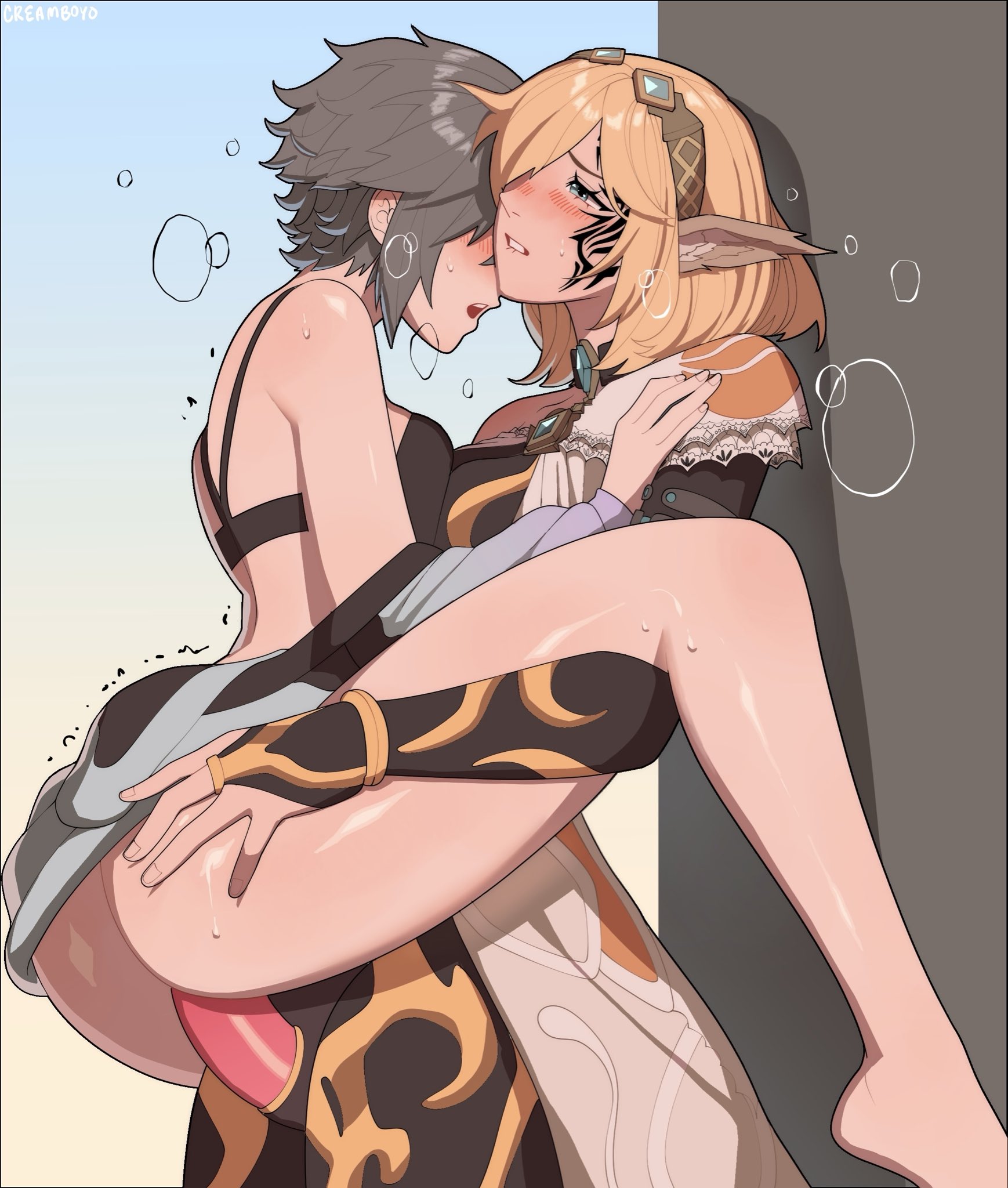 2girls, animal ear fluff, animal ears, black bra, blonde hair, blue eyes, bodysuit, bra, breast press, breasts, carrying, carrying person, celica (xenoblade x), creamboyo, cross (xenoblade x), dildo, dildo in pussy, dildo insertion, facial markings, female only, female/female, from side, full body, grey hair, lesbian sex, medium breasts, medium hair, multiple girls, nintendo, partially clothed, penetration, sex, sex toy, short hair, spread legs, standing, strap-on, strap-on sex, strapon, symmetrical docking, vaginal, vaginal penetration, xenoblade (series), xenoblade chronicles (series), xenoblade chronicles x, yuri
