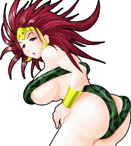 1girls ass bracelet breasts female female_only functionally_nude functionally_nude_female human human_only large_breasts light-skinned_female light_skin lipstick long_hair medusa_(ssf4) medusa_(strip_fighter) nipple_slip red_eyes red_hair snake snake_tiara solo super_strip_fighter_4 tagme