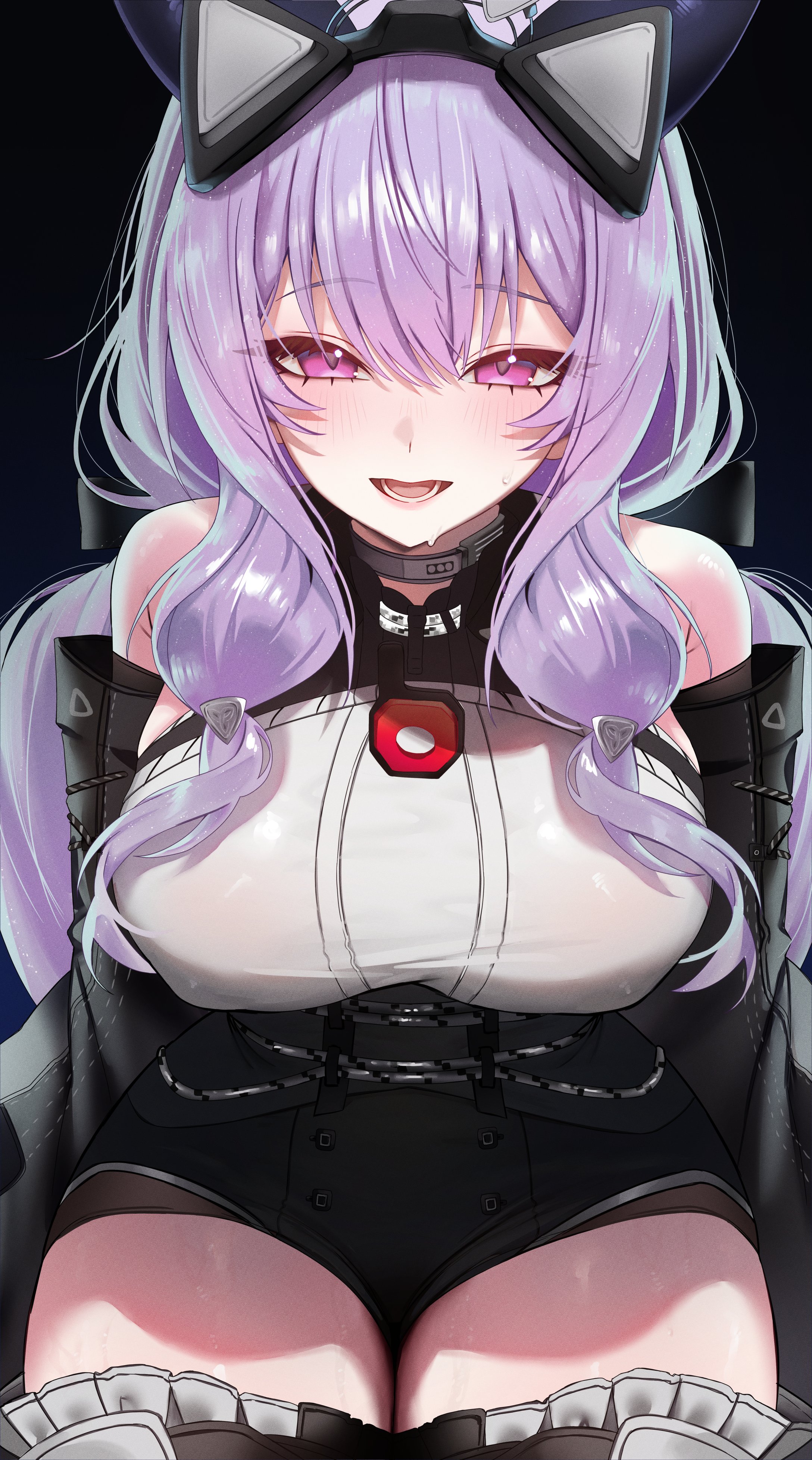 1girl, 1girls, arknights, arknights: endfield, bare shoulders, blush, female, female only, large breasts, long hair, looking at viewer, open mouth, plump thighs, purple eyes, purple hair, sitting, smile, solo, sweat, thick thighs, thighs, typhoeus (arknights), vitaminechan