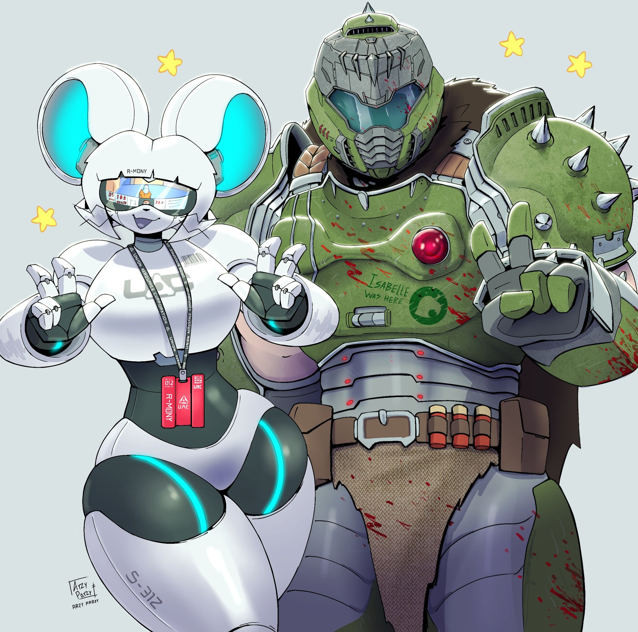 1boy, 1girls, android, arzyparzy, but can it run doom?, cute, doom, doom (series), doom slayer (doom the dark ages), doom slayer (doom), doom the dark ages, double peace sign, female, hourglass figure, male, mouse ears, not porn, original, original character, peace sign, r-mony (arzyparzy), robot, robot girl, robot humanoid, slim waist, stars, thick thighs, wide hips