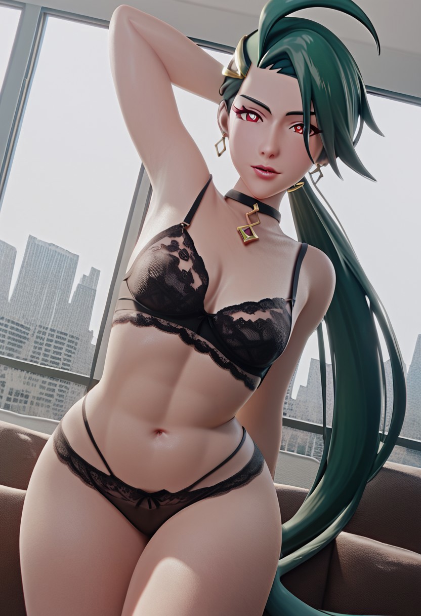 1girls, 3d, ai generated, androgynous, black lingerie, breasts, collar, earrings, female, female only, green hair, hands behind head, indoors, light skin, light-skinned female, lingerie, long hair, looking at viewer, pokemon, pokemon sv, ponytail, red eyes, rika (pokemon), sexy, skinny, small breasts, sodaglow artist, sofa, solo, solo female, tomboy, underwear, window