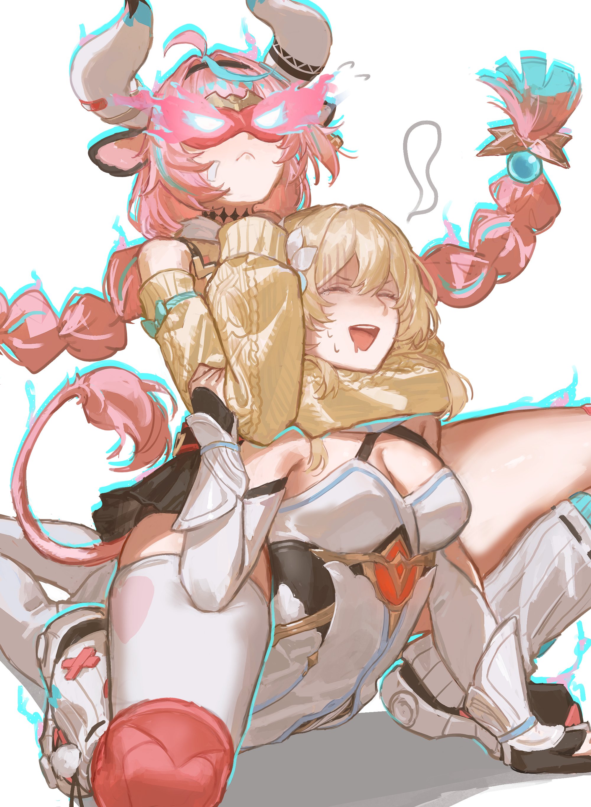 2girls, absurdres, ahoge, animal ears, aqua hair, blonde hair, braid, breasts, catfight, choke hold, cleavage, closed eyes, cow ears, cow girl, cow horns, female, flower, genshin impact, hair between eyes, hair flower, hair ornament, headlock, highres, horns, long hair, lumine (genshin impact), mask, matuka10101, multicolored hair, multiple females, multiple girls, natlan girls, open mouth, pink hair, purple eyes, short hair with long locks, strangling, streaked hair, submission hold, tail, teeth, traveler (genshin impact), twin braids, upper teeth, varesa (genshin impact), wrestling, wrestling mask