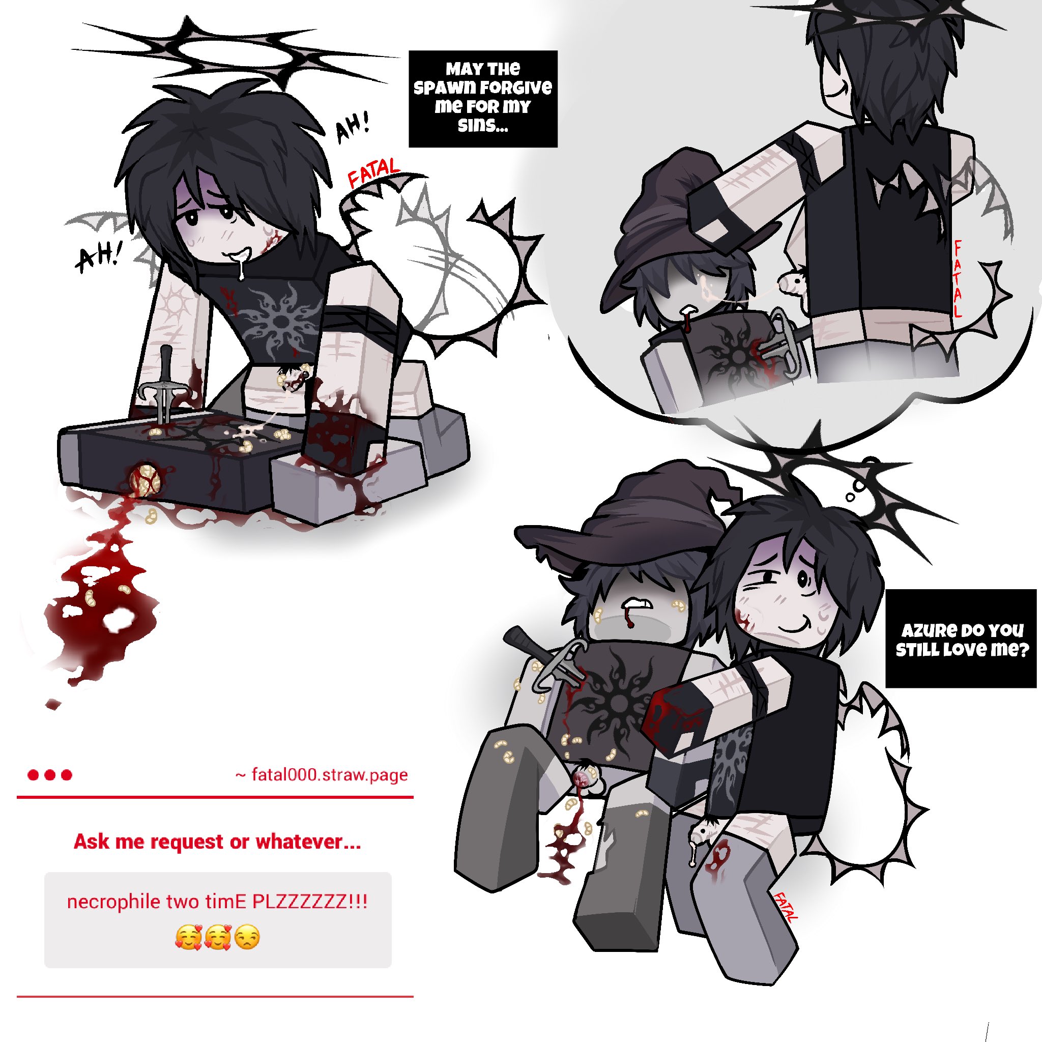 azure (forsaken), azureslut, beheaded, blood, burn, cum on face, dead, drooling, forsaken (roblox), gore, guro, idk 006681 (artist), knife in chest, maggots, male, mutilated penis, necrophilia, nervous smile, nonconsensual, penis, rape, raped, roblox, roblox game, strawpage request, sweat, tagme (artist), two time (forsaken), yaoi