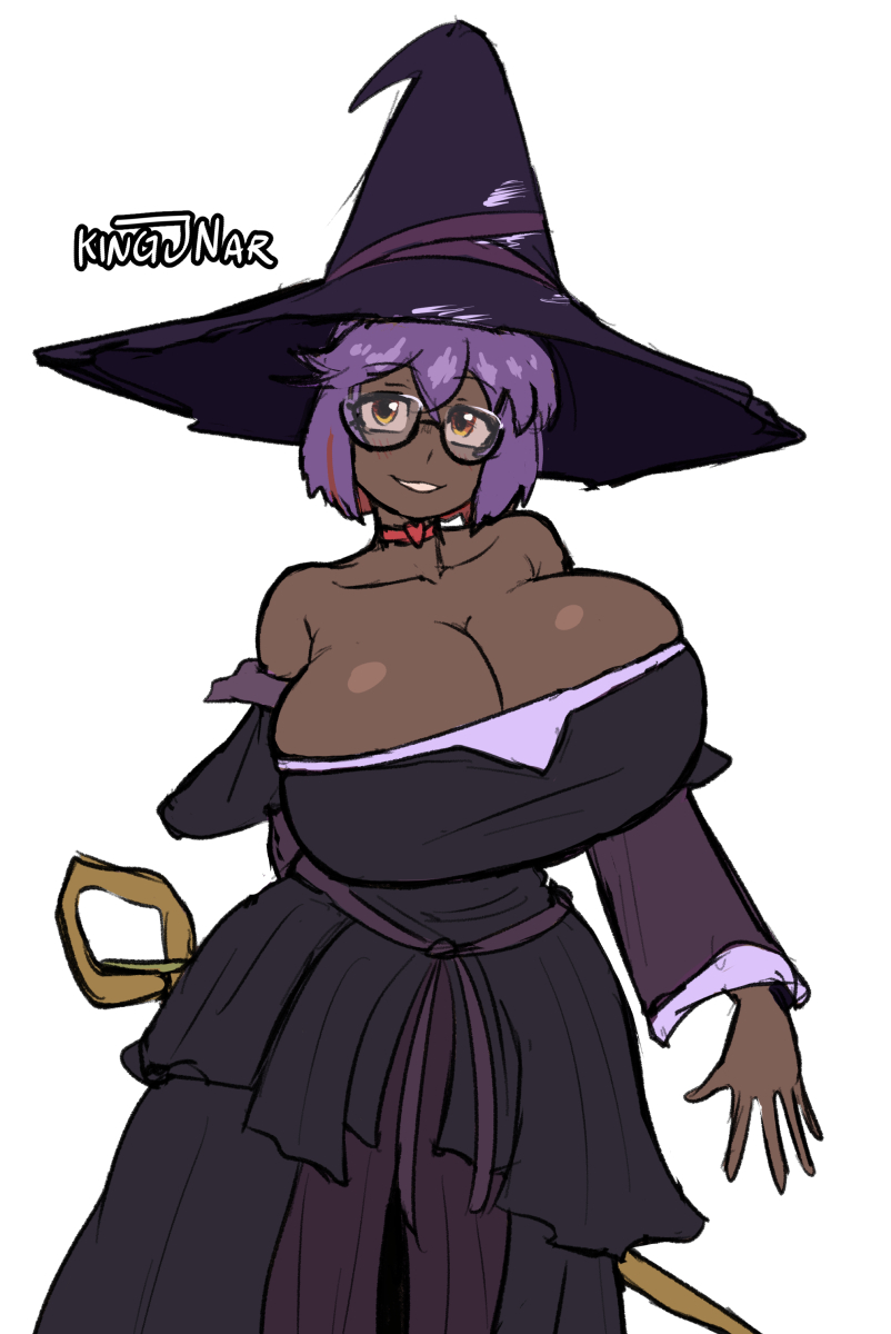 1girls, big breasts, breasts, clothed, clothed female, cosplay, dark skin, dark-skinned female, elden ring, elden ring nightreign, female, female focus, fromsoftware, glasses, glasses on face, kingjnar, large boobs, large breasts, purple hair, purple hair female, solo, solo female, solo focus, witch, witch hat