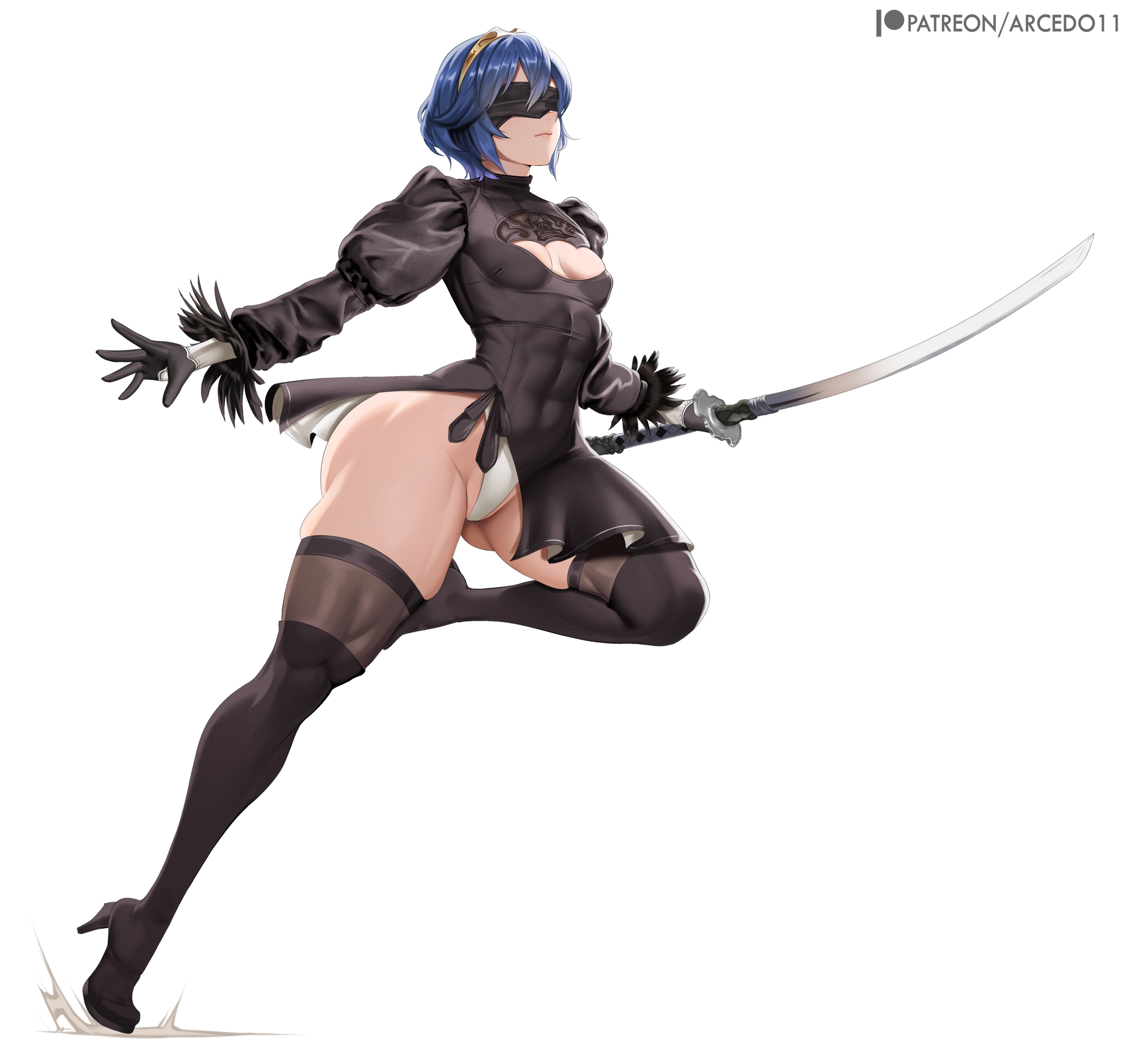 1girls, abs, absurdres, alternate costume, arcedo, artist name, ass visible through thighs, black blindfold, black boots, black dress, black gloves, black shoes, black thighhighs, blindfold, blue hair, boots, breasts, cleavage cutout, closed mouth, clothing cutout, cosplay, covered eyes, crossover, crossover cosplay, dress, feather-trimmed sleeves, female, fire emblem, fire emblem awakening, gloves, high heel boots, high heels, highres, holding, holding sword, holding weapon, leotard, long sleeves, lucina (fire emblem), nier (series), nier: automata, shoes, short hair, simple background, skindentation, small breasts, solo, solo female, sword, thigh boots, thighhighs, thighhighs under boots, thighs, weapon, white background, white leotard, yorha 2b (cosplay)