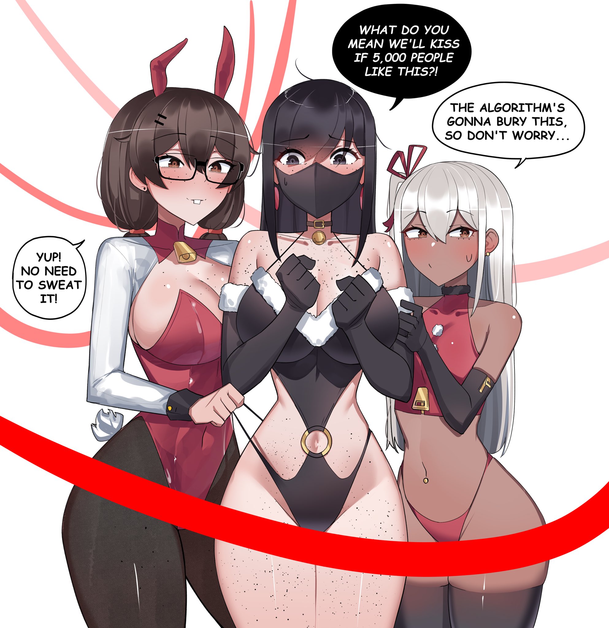 3girls, breasts, bunny ears, bunnysuit, christmas, female, female focus, female only, freckles, karinn (ti keep), large breasts, light skin, light-skinned female, looking at viewer, original, small breasts, stephanie (ti keep), thick thighs, thighhighs, thighs, ti keep, timara (ti keep), wide hips