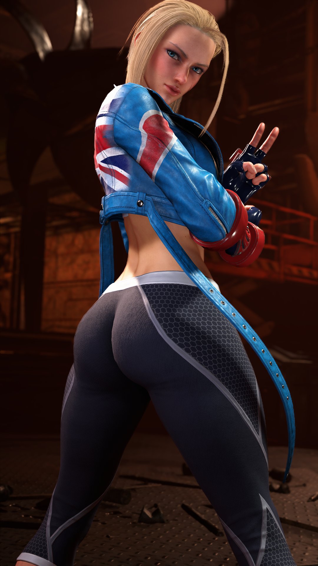 1girls, black pants, blue jacket, cammy white, cammy white (street fighter 6), capcom, female, female focus, game screenshot, pants, sf screenshot, solo, street fighter, street fighter 6, union jack