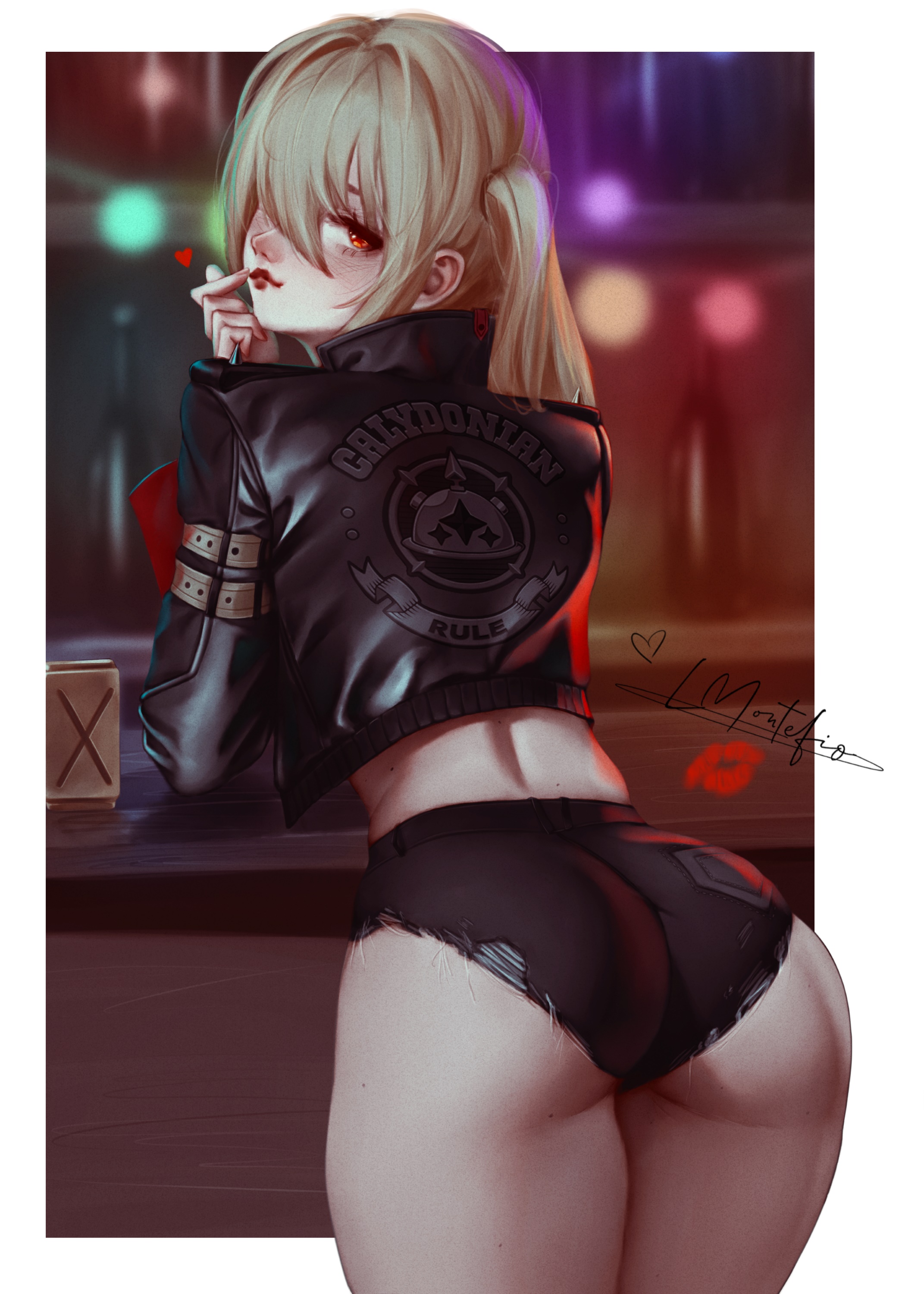 1girls, 2d, 2d (artwork), artist name, artist signature, ass, bekus25, blonde hair, digital media (artwork), drunk, female, female focus, female only, looking at viewer, looking back, luciana de montefio, solo, thick thighs, thighs, wide hips, zenless zone zero