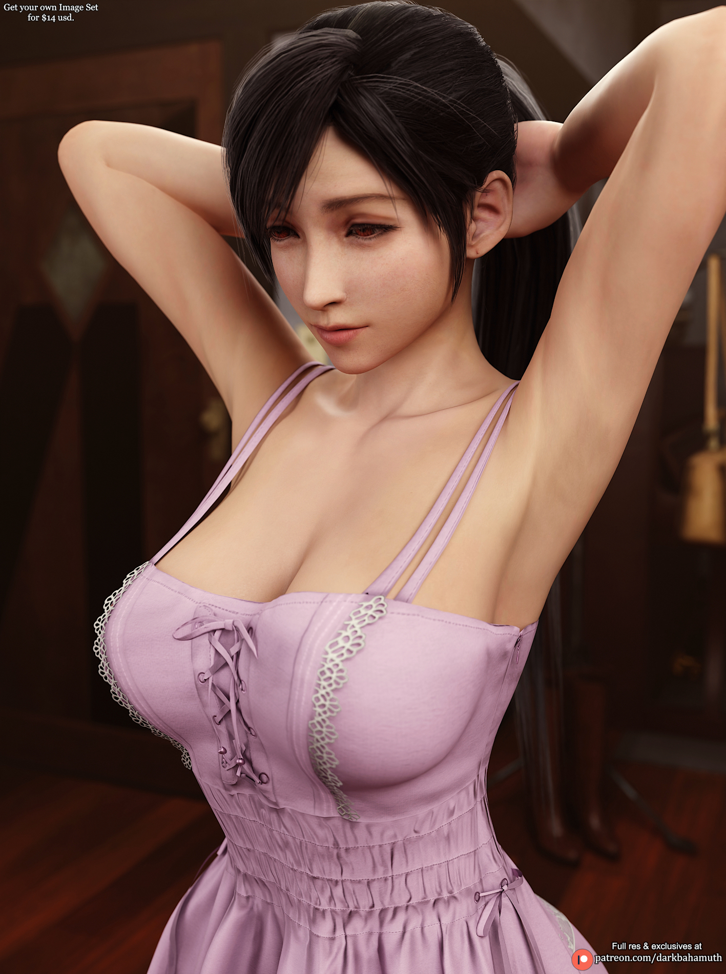 3d, 3d (artwork), big breasts, breasts, cleavage, cute, darkbahamuth, dress, female, final fantasy, final fantasy vii, pinup, summer dress, tifa lockhart