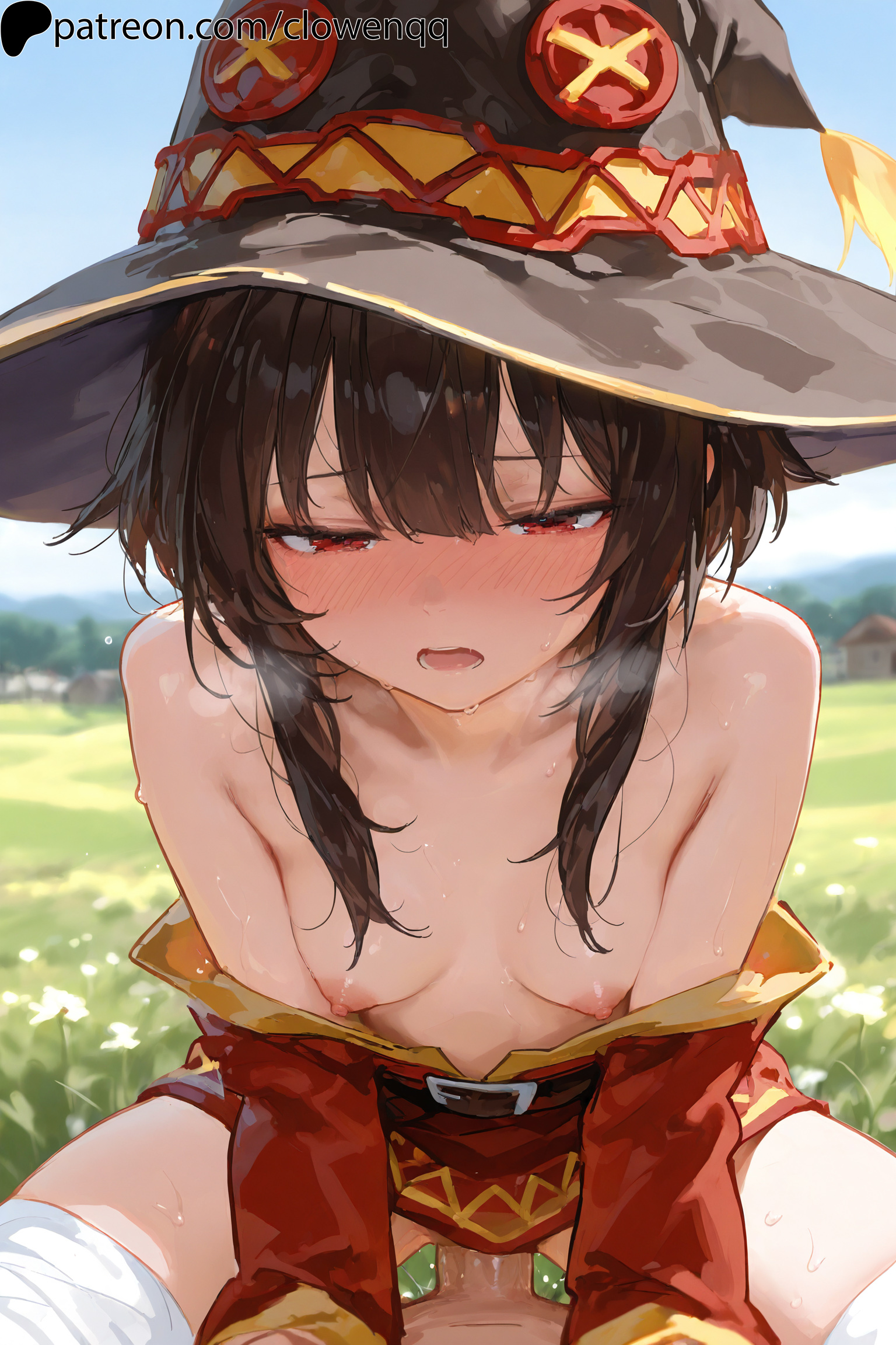 1boy, 1girls, ai assisted, ai generated, areola, areolae, blush, breasts, brown hair, clowenqq, cowgirl position, exposed breasts, female, female focus, half-closed eyes, heavy breathing, kono subarashii sekai ni shukufuku wo!, legs apart, legs spread, male, male penetrating, male penetrating female, male/female, megumin, nipples, no bra, open mouth, outdoor sex, outdoors, penis, pov male, red eyes, sex, small breasts, spread legs, sweat, sweatdrop, thighs, uncensored, witch hat