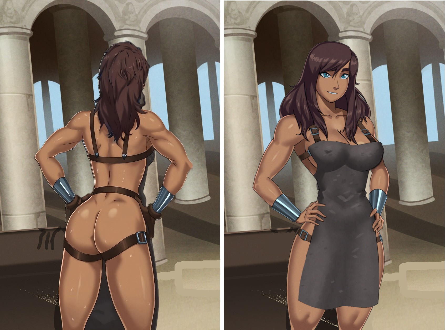 amazon, apron, apron only, ass, blacksmith, blue eyes, brown hair, casual, dark skin, edited, fanart, female, hammer, human, korra, outerwear, pallas, something unlimited, sunsetriders7, the legend of korra, themyscira