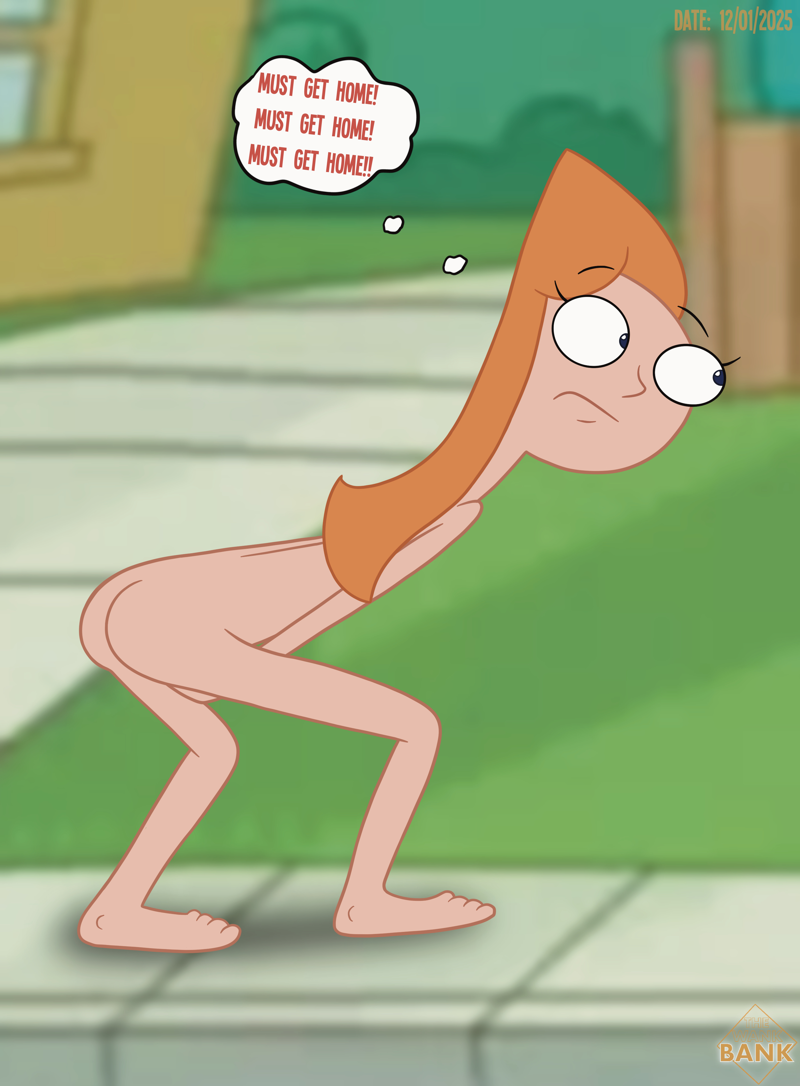 1girls, accurate art style, artist signature, ass, barefoot, candace flynn, completely nude, covering, covering crotch, day, embarrassed, embarrassed nude female, enf, english text, feet, female, female only, hunched over, light skin, light-skinned female, long hair, naked, nude, nude female, orange hair, phineas and ferb, public nudity, running, solo, solo female, streaking, text, the wank bank, thought bubble