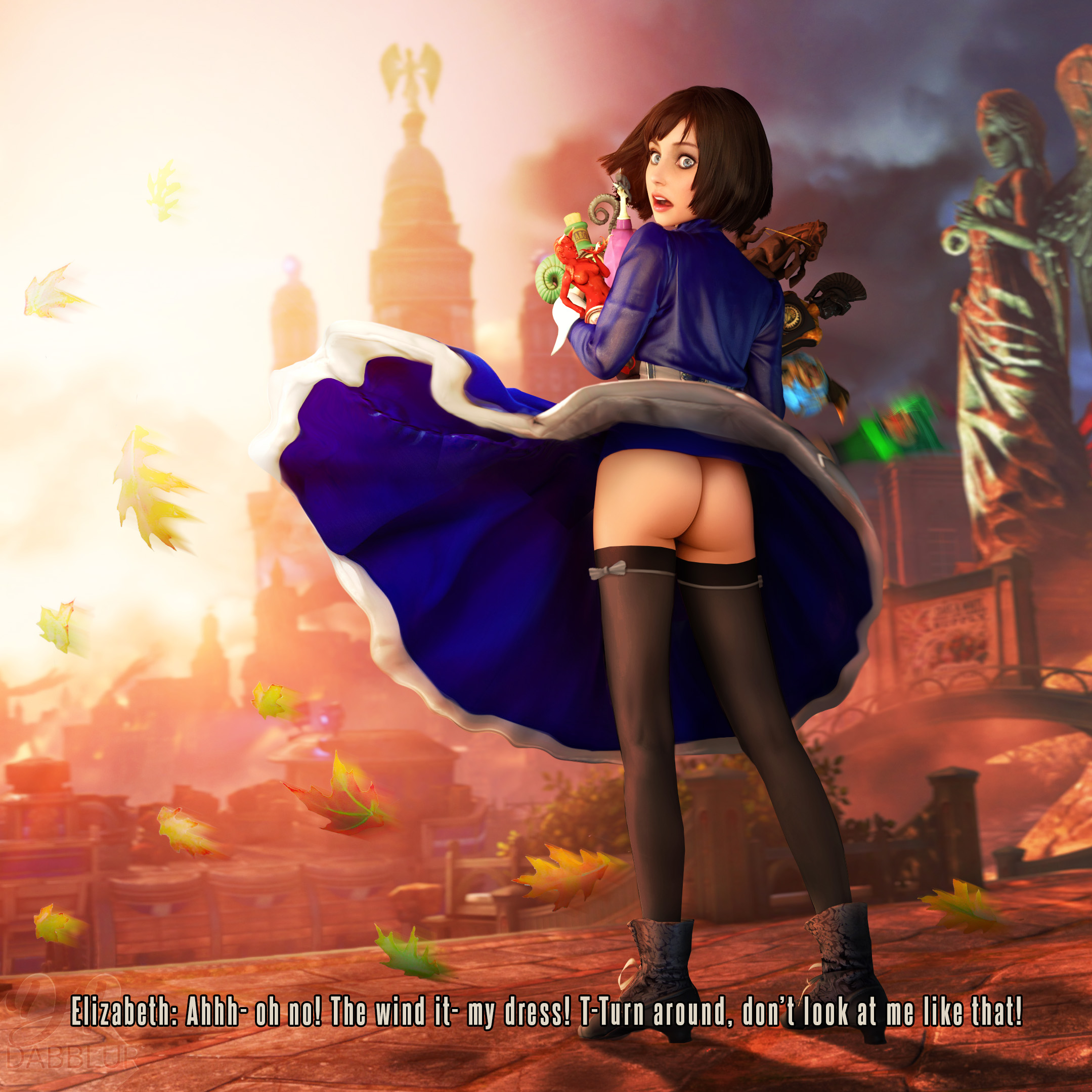 1girls, ass, assisted exposure, bioshock, bioshock infinite, blue eyes, brown hair, bubble ass, bubble butt, drdabblur, dress lift, elizabeth comstock, english text, female, female focus, female only, going commando, looking at viewer, looking back, no panties, short hair, skirt, skirt lift, thighhighs, upskirt, wind lift