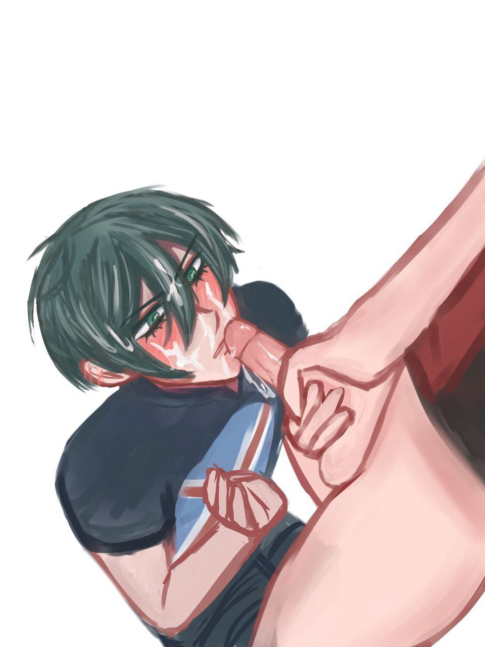2boys, blue lock, blushing, cum on face, cumming on face, gay, green hair, hairless penis, holding penis, isagi yoichi, itoshi rin, looking at penis, male, penis, tagme, teal eyes