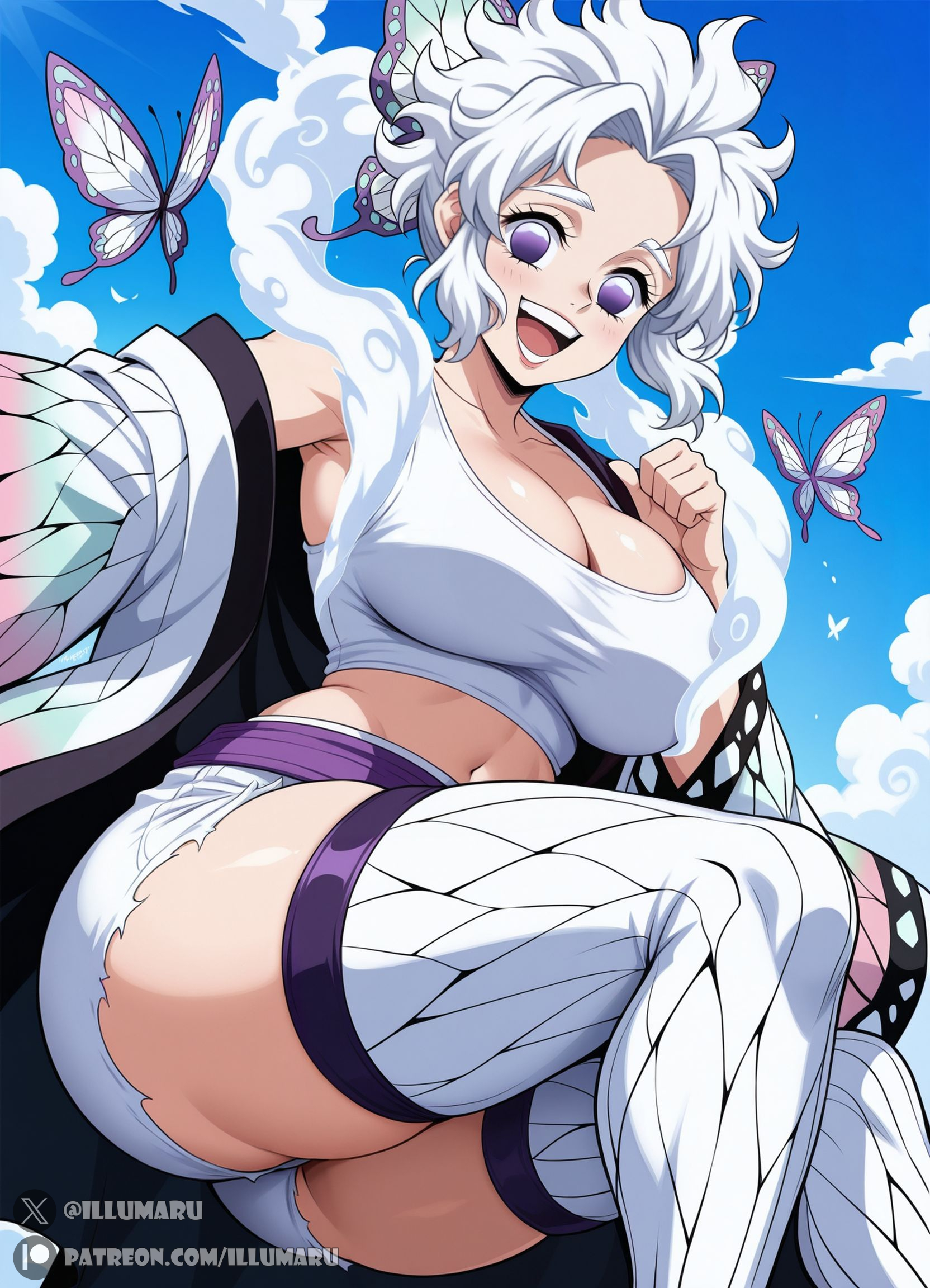 1girls, 2025, ai assisted, ai generated, anime, artist name, ass, belt, big breasts, blush, breasts, butterfly hair ornament, chest, cleavage, clothed female, clothing, collarbone, crop top, demon slayer, detailed, devil fruit, female, female only, gear 5, gear 5 luffy, hair ornament, hi res, high quality, high resolution, highres, illumaru, indoors, kimetsu no yaiba, kimono, kochou shinobu, large breasts, looking at viewer, navel, one piece, open mouth, patreon, patreon username, purple eyes, short hair, shorts, smile, solo, stable diffusion, stockings, thick thighs, thighhighs, thighs, white hair, white tank top