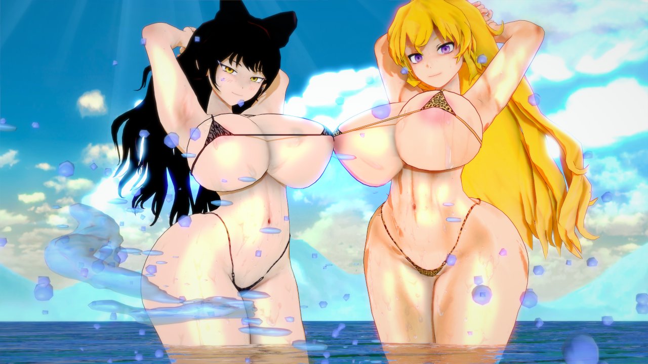 2girls, 3d, armpits, arms behind head, big breasts, bikini, bikini bottom, bikini top, black hair, black-haired female, blake belladonna, blonde female, blonde hair, bow, breasts, canon couple, confident, female, long hair, long-haired female, navel, pose, posing, purple eyes, rwby, seductive, seductive look, seductive smile, sexy armpits, small bikini, stormstriker, toned, yang xiao long, yellow eyes