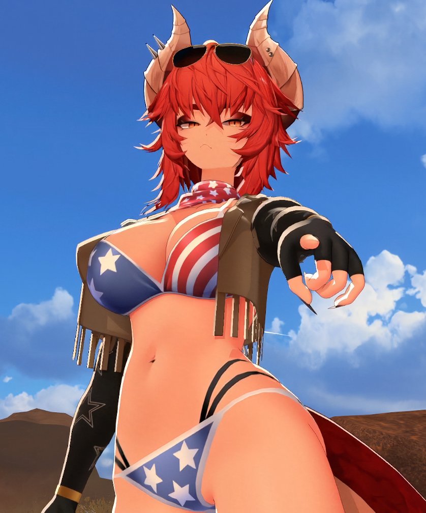 3d, american flag bikini, bandana, bikini, cowboy clothes, cowgirl (western), dragon girl, dragon tail, female, horns, red eyes, red hair, sunglasses on head, virtual youtuber, vshojo, zentreya, zentreya (cowboy bikini)