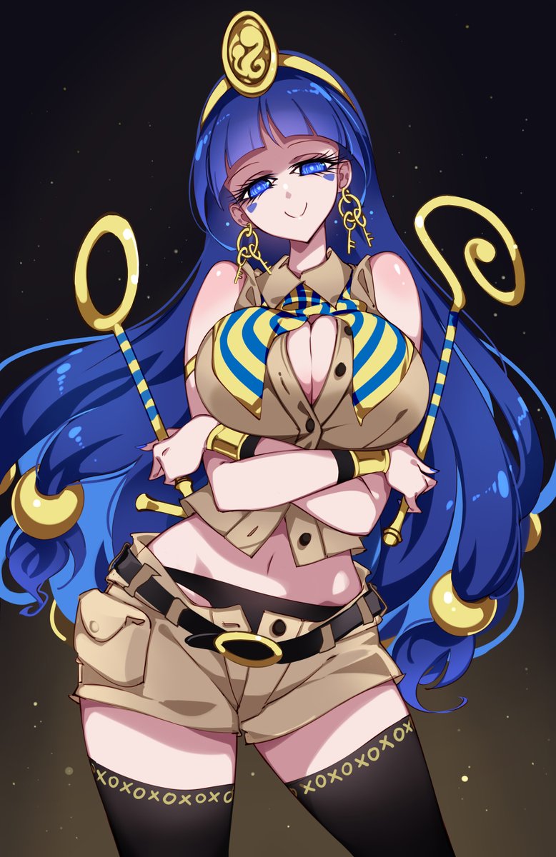 1girls, big breasts, blue eyes, blue hair, boob window, breasts, clothed female, female, fossilized wonders, long hair, michigami nareko, raptor7, shorts, smile, solo, solo female, thick thighs, thighhighs, thighs, touhou