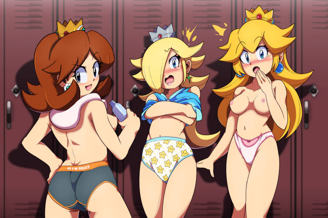 3girls, black panties, bow panties, breasts, childish panties, covering breasts, earrings, embarrassed, embarrassed underwear female, euf-dreamer, female, locker room, mario (series), nintendo, panties, pink panties, princess daisy, princess peach, princess rosalina, print panties, topless, towel around neck, water bottle, white panties