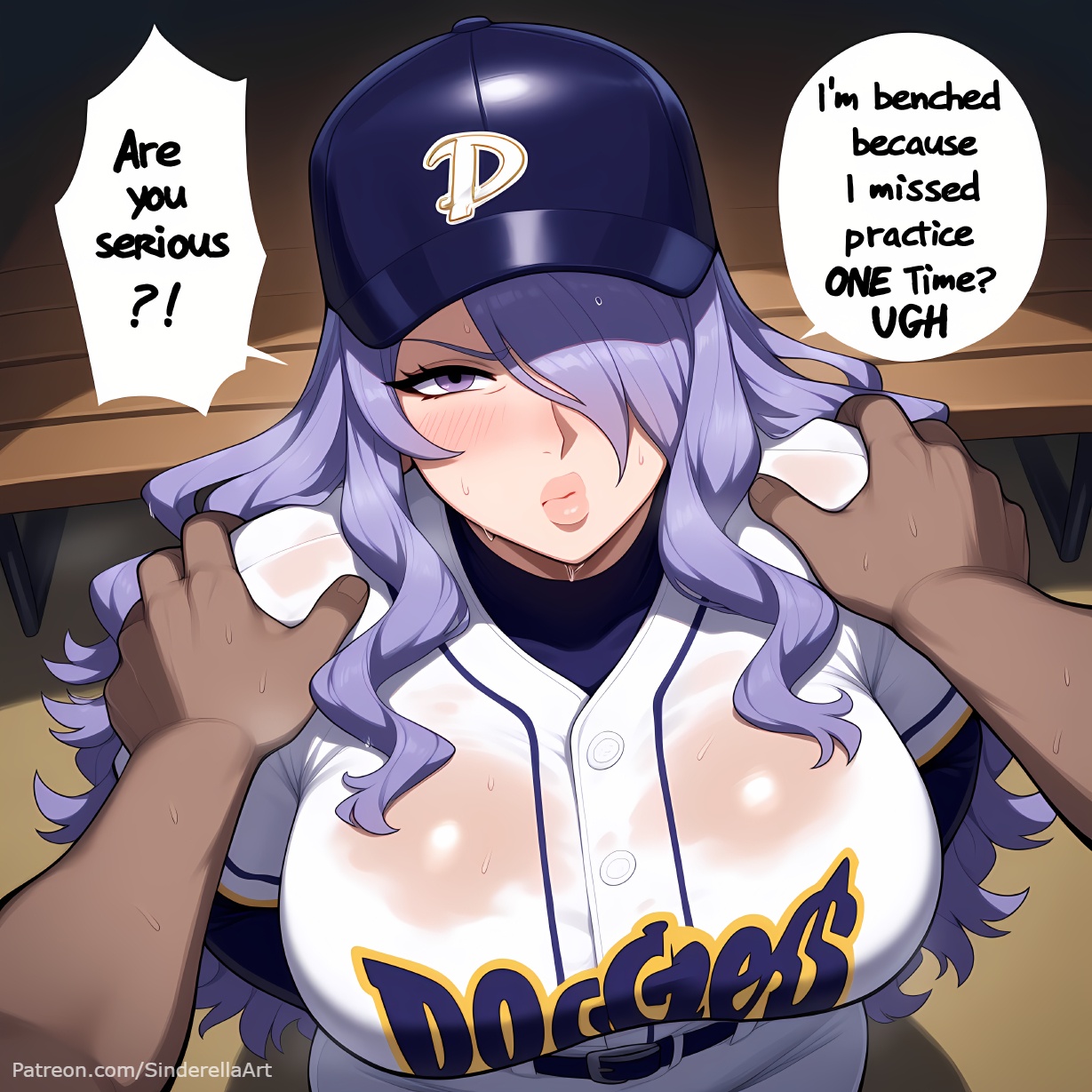 ai generated, baseball cap, blush, bra through clothes, breasts, busty, camilla (fire emblem), caption, coach, comic, comic page, commission, dark skin, dark-skinned male, dialogue, english text, female, fire emblem, fire emblem fates, hair over one eye, hat, interracial, large breasts, lips, long hair, looking at viewer, male, nintendo, patreon, patreon url, patreon username, pov, purple eyes, purple hair, see-through, sinderellaart, solo focus, speech bubble, sweat, text, text bubble, thick, voluptuous, wavy hair, wet shirt
