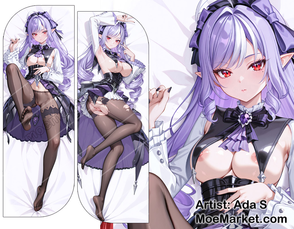 1girls, black thighhighs, breasts, dakimakura, drill hair, drill sidelocks, female, long hair, looking at viewer, purple hair, pussy, red eyes, solo, vivian (zenless zone zero), vivian banshee, white shirt, zenless zone zero