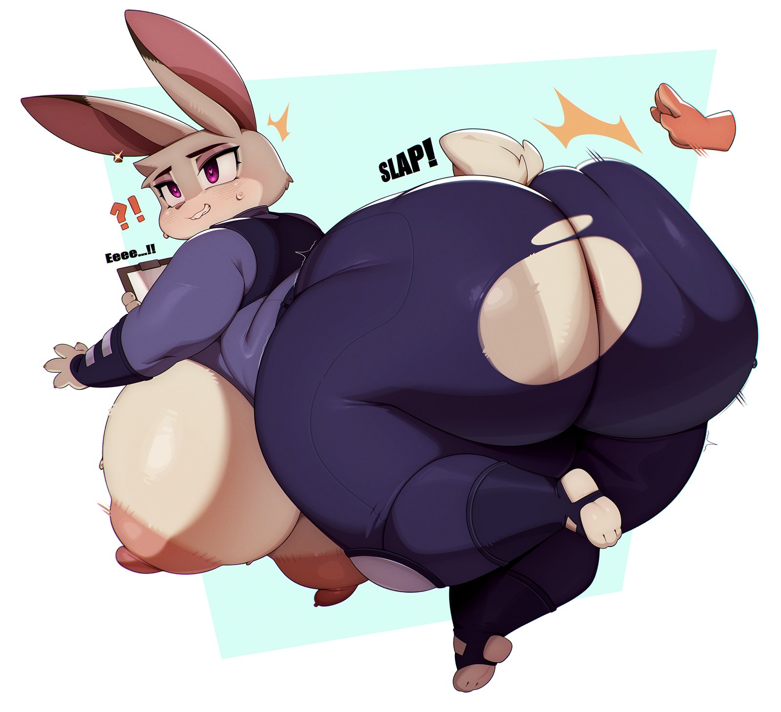 1boy, 1girls, absurd res, anthro, anthrofied, areolae, ass, ass focus, ass slap, back view, backboob, bent over, berseepon09, big ass, blush, bottom heavy, breasts, breasts bigger than head, bubble ass, bubble butt, busty, chubby, chubby female, clenched teeth, clothed, clothing, curvaceous, curvy, curvy female, digital media (artwork), disembodied hand, duo, english text, eyebrows, eyelashes, fat ass, female, female focus, fur, furry, glistening, glistening body, grey body, grey fur, heart-shaped pupils, hi res, hourglass figure, huge ass, huge breasts, judy hopps, lagomorph, leporid, male, male/female, mammal, motion lines, nick wilde, nipples, plump, police uniform, policewoman, purple sclera, rabbit, sweat, sweatdrop, sweaty, text, thick thighs, twitter link, unseen male face, voluptuous, voluptuous female, wardrobe malfunction, wide hips, zootopia