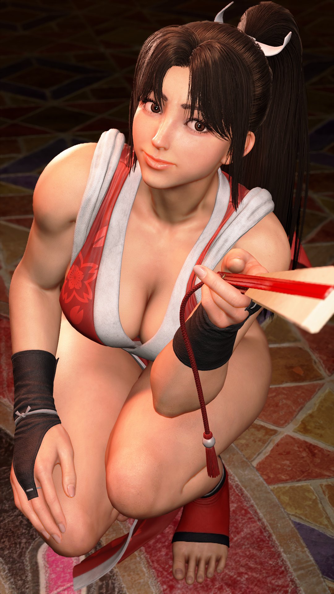 1girls, brown hair, fatal fury, female, female focus, female only, game screenshot, holding fan, looking at viewer, mai shiranui, mai shiranui (street fighter 6), ponytail, sf screenshot, snk, solo, street fighter, street fighter 6