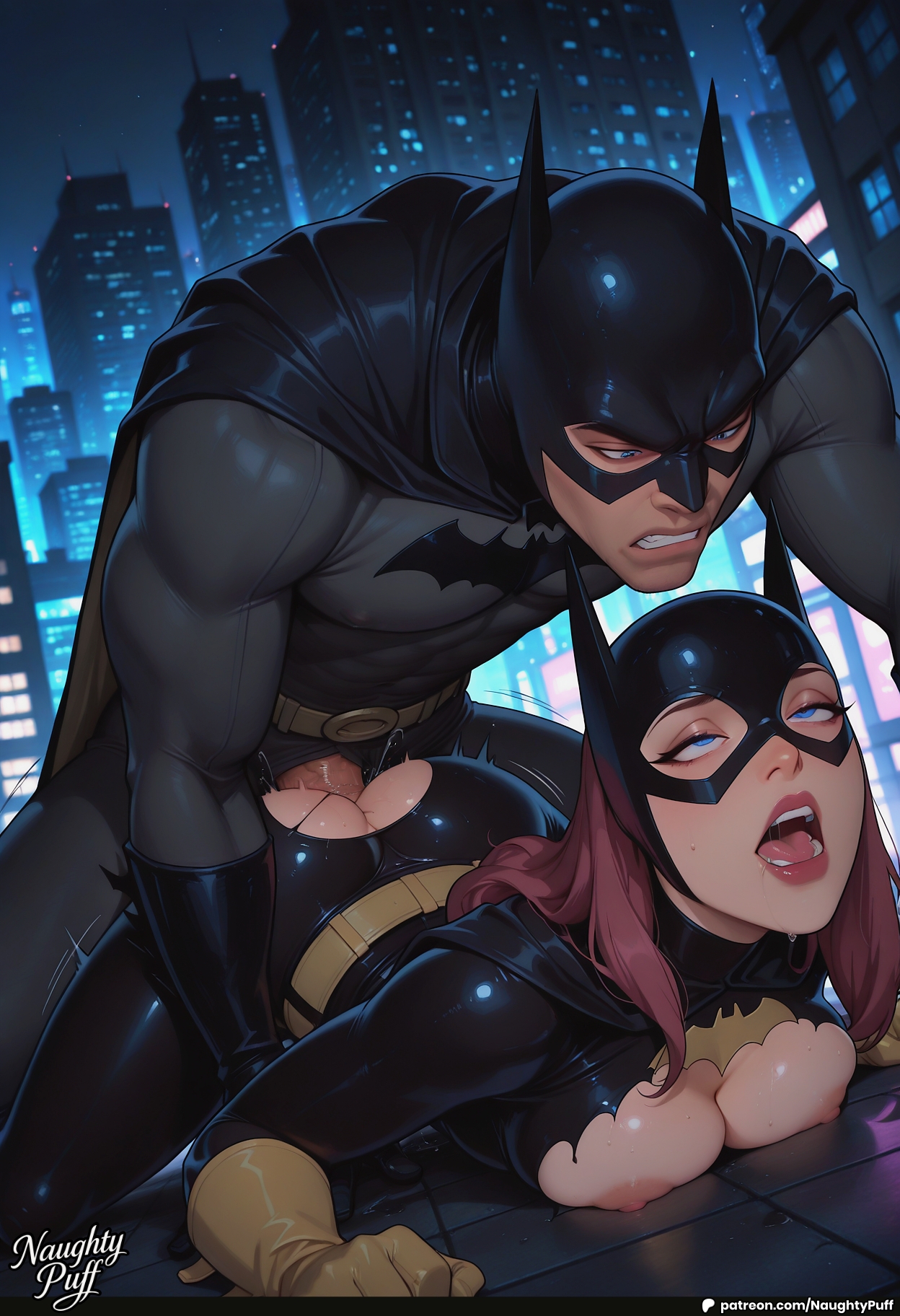 1boy, 1girls, ahegao, ai generated, ass, balls, barbara gordon, batgirl, batman, batman (bruce wayne), batman (dick grayson), batman (gotham knights), batman (series), batman: hush, big penis, breasts, bruce wayne, dc, dc comics, dick grayson, doggy style, female, female penetrated, from behind, from behind position, fucked silly, highres, large penis, legs up, male, naked, naughtypuff, patreon, penetration, penis, prone, prone bone, pussy, rough sex, sex, sex from behind, sexual, solo focus, superhero, superheroine, testicles, thick penis