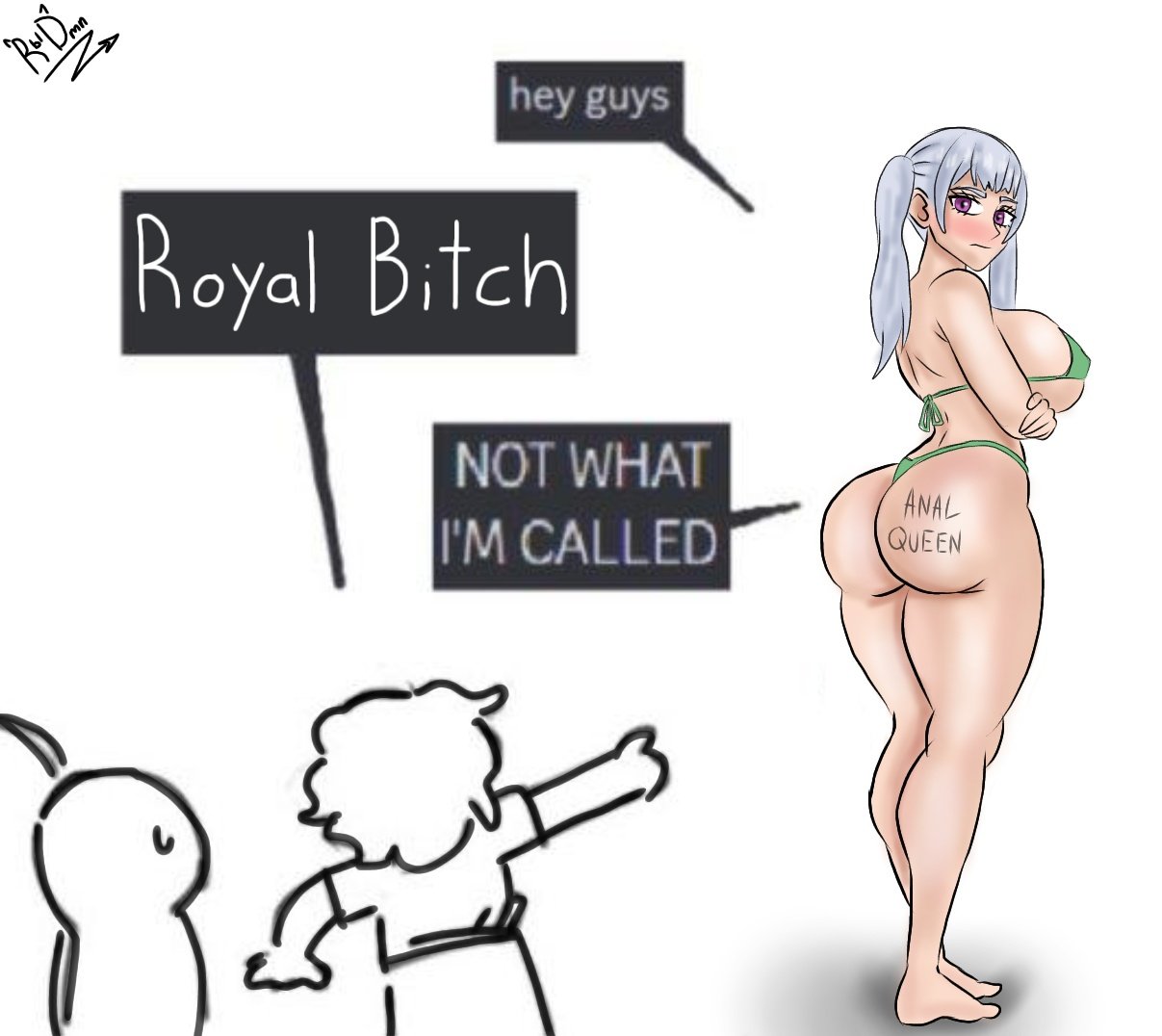 1girls, aristocrat, ass, ass tattoo, back view, bikini, black clover, breasts, classy, classy female, english text, female, full body, huge ass, huge breasts, meme, noelle silva, purple eyes, rich, rich female, royal, royal bitch, royalty, silver hair, straight, tattoo, tattoo on butt, text, therebeldemon, thick thighs, wealthy, wealthy female