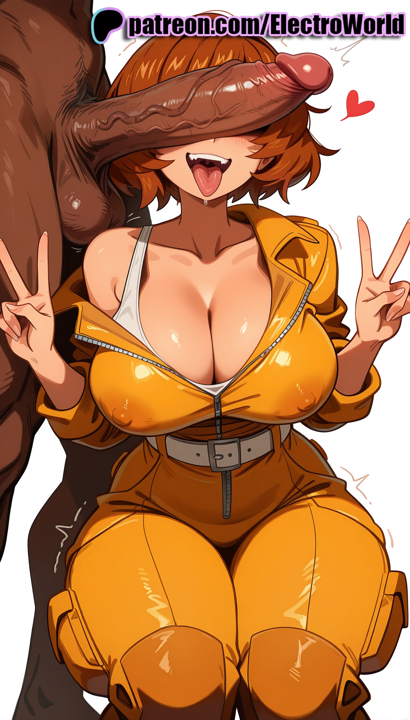 1boy, 1girls, 2025, ai generated, april o'neil, april o'neil (tmnt 1987), artist name, balls, big breasts, big chest, breasts, bust, busty, chest, cleavage, cock, covered nipples, dark skin, dark-skinned male, dick, double v, electroworld, female, head out of frame, heart, hi res, high quality, high resolution, highres, huge cock, interracial, large breasts, male, orange hair, patreon, patreon username, penis, penis awe, stable diffusion, straight, teenage mutant ninja turtles, testicles, tmnt 1987, tongue, tongue out, trembling, v, w, watermark
