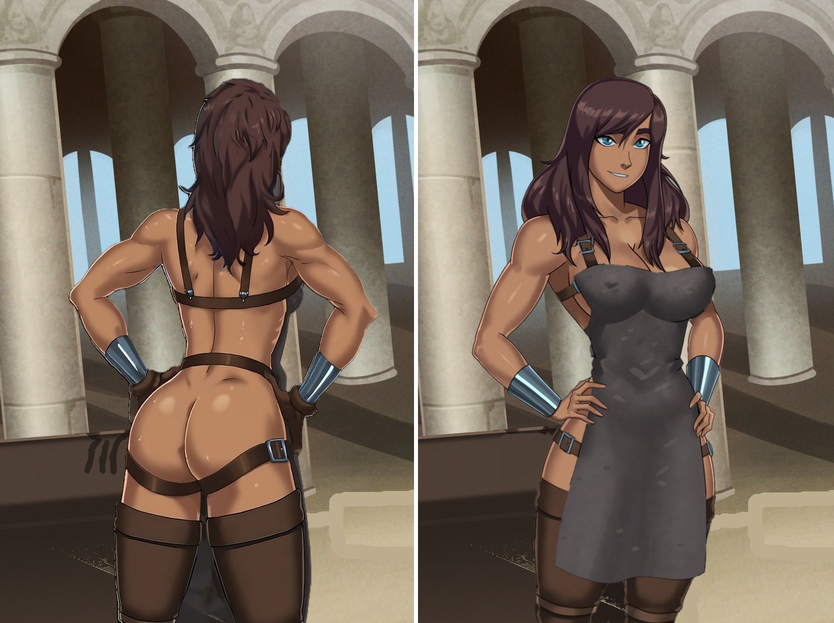 amazon, apron, apron only, ass, blacksmith, blue eyes, brown hair, casual, dark skin, edited, fanart, female, hammer, human, korra, outerwear, pallas, something unlimited, sunsetriders7, the legend of korra, themyscira
