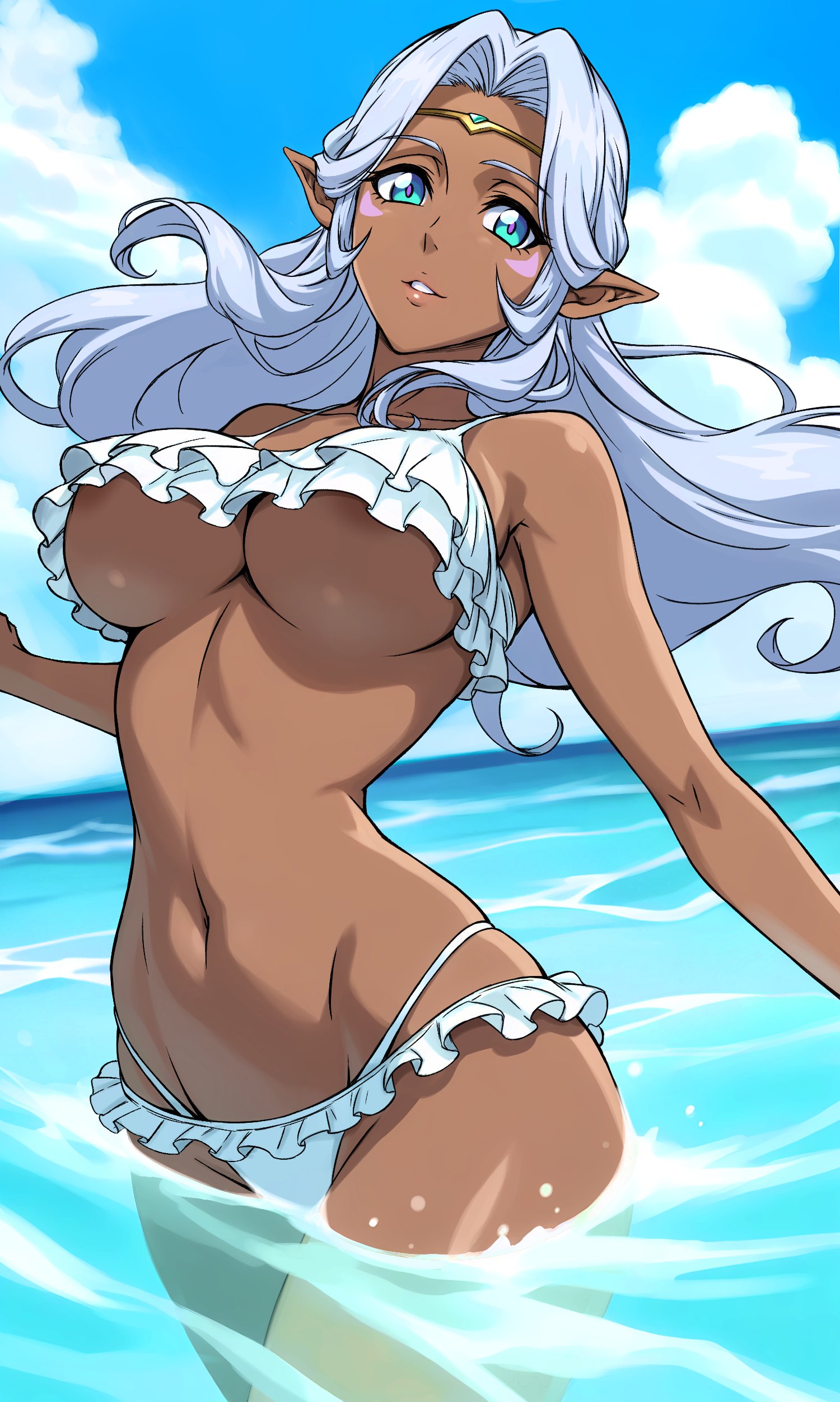beach, bikini, breasts, dark elf, dark skin, dark-skinned female, elf ears, female, female only, large breasts, looking at viewer, princess allura, sea, smiling, swimsuit, tagme, underboob, voltron, voltron: legendary defender, white hair, zantyarz