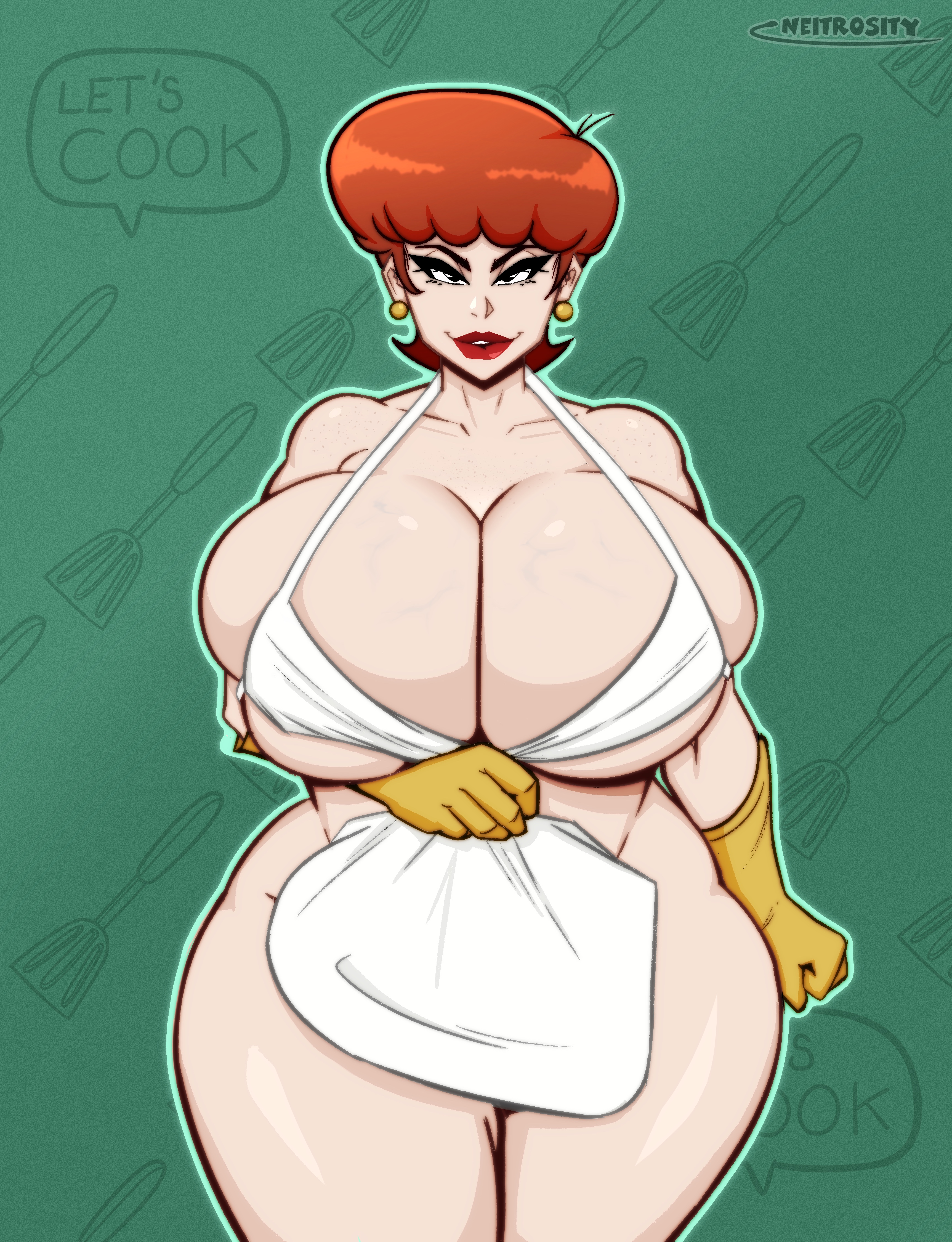 1girls, apron, apron only, big breasts, breasts, cartoon network, dexter's laboratory, dexter's mom, female, gloves, huge breasts, latex, latex gloves, light skin, light-skinned female, looking at viewer, mature, mature female, milf, mother, neitrosity, red hair, thick thighs, voluptuous, voluptuous female, yellow gloves