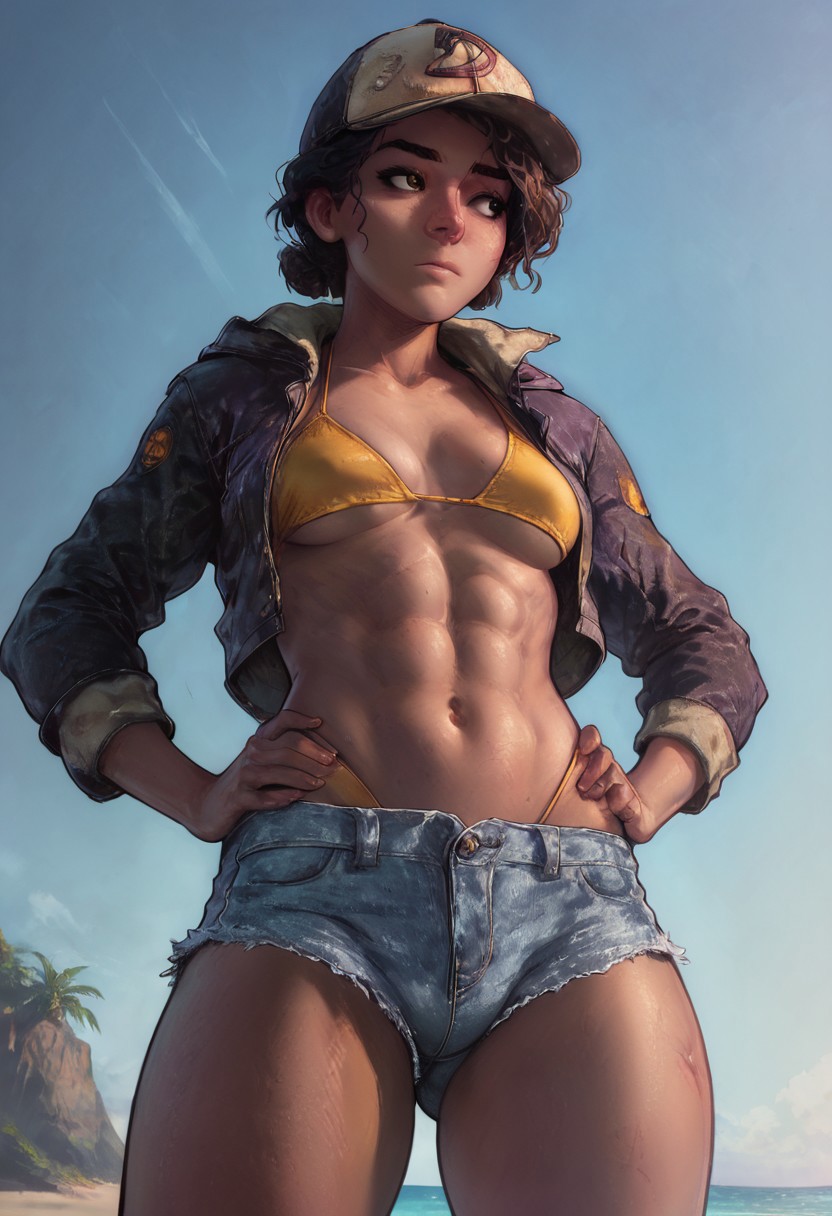 1girls, 2d, abs, ai generated, bare thighs, baseball cap, beach, belly button, bikini, bikini top, breasts, brown eyes, brown hair, civitai, clementine (the walking dead), clothed, clothing, daisy dukes, dark skin, dark-skinned female, female, female focus, female only, hands on hips, hat, headwear, hotpants, jacket, jacket open, jeans, light skin, light-skinned female, looking away, medium breasts, navel, petite, short shorts, shorts, small breasts, solo female, solo focus, standing, stomach, swimsuit, swimwear, the walking dead, the walking dead game, thick thighs, thighs, thong, thong bikini, toned, toned female