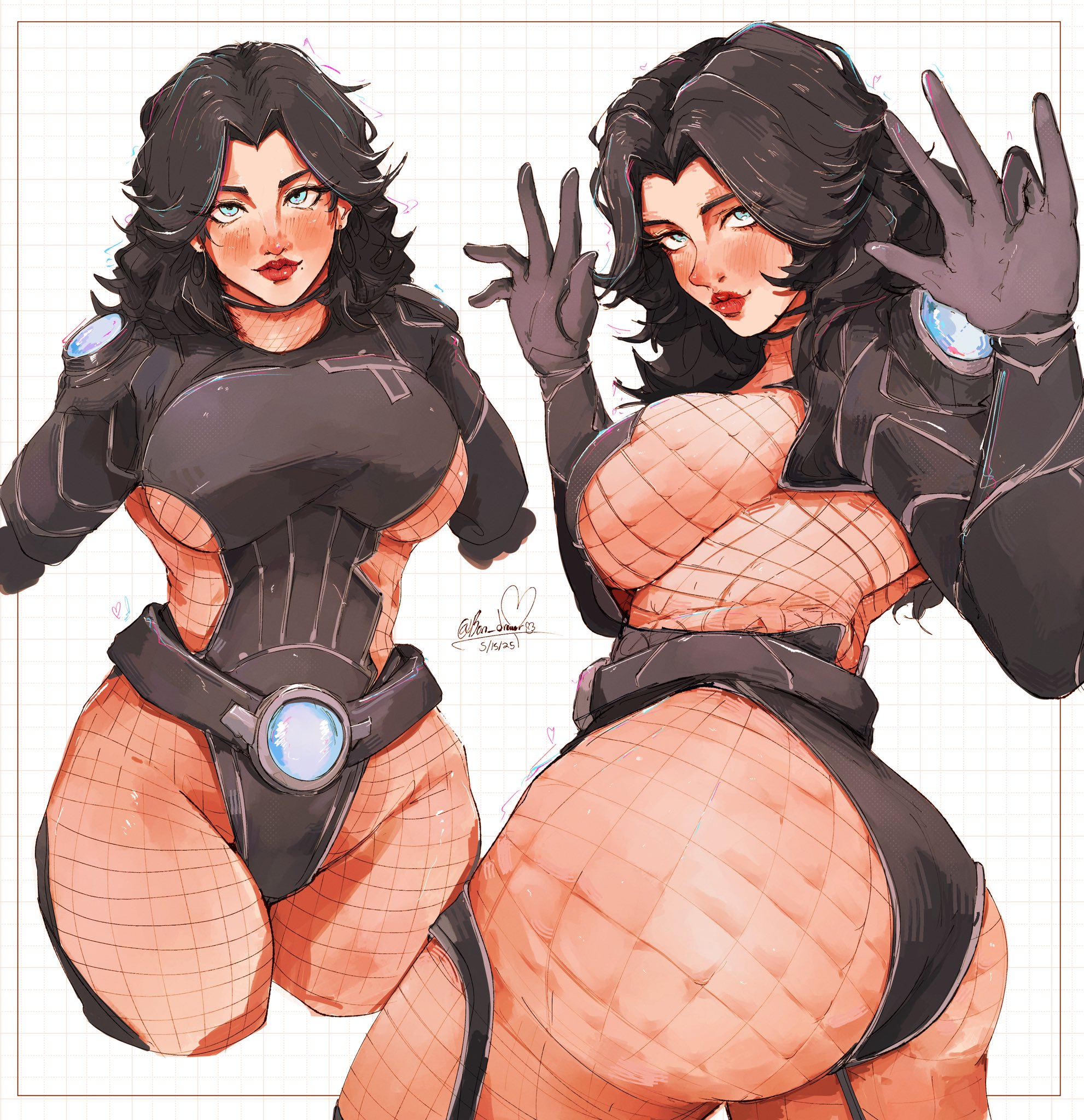 2d, ass, big ass, big breasts, black hair, blue eyes, bon drawr, breasts, clothed, clothed female, fantastic four, female, fishnet clothing, fishnets, invisible woman, invisible woman (marvel rivals), leotard, lipstick, marvel, marvel rivals, sideboob, sleeves, smile, sue storm