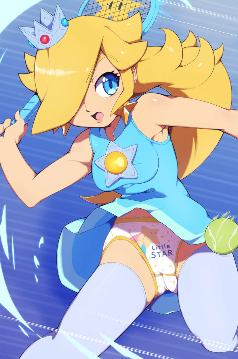 childish panties, euf-dreamer, female, mario (series), motion lines, nintendo, panties, princess rosalina, print panties, tennis, tennis ball, tennis racket, thighhighs, upskirt, white panties