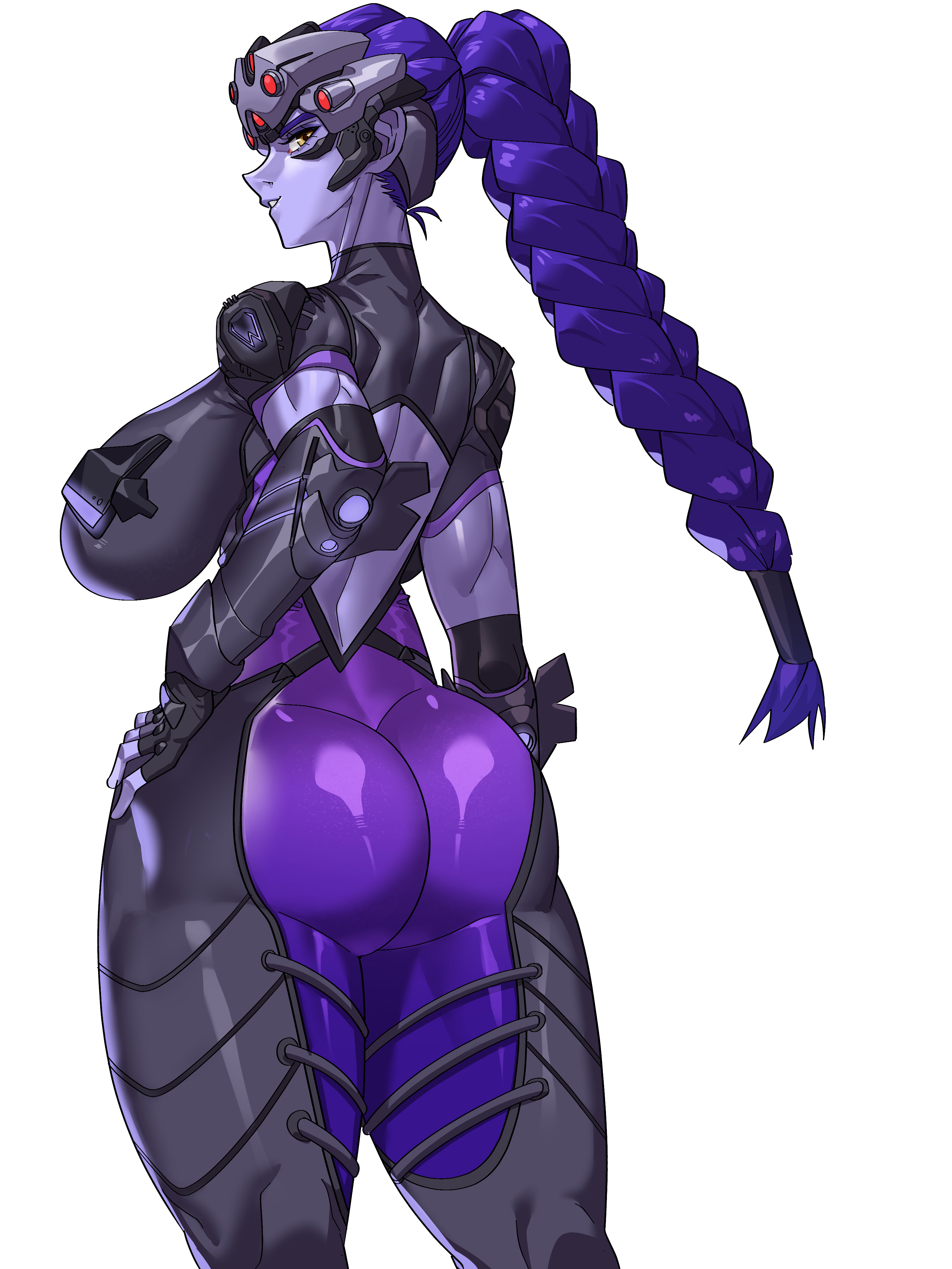 absurdres, ass, back cutout, bodysuit, braid, braided ponytail, clothing cutout, colored skin, cropped legs, female, female only, from behind, gamjasssak, hair pulled back, hand on own hip, head-mounted display, highres, huge ass, long hair, looking at viewer, muscular, muscular female, overwatch, overwatch 2, purple skin, simple background, smile, solo, standing, white background, widowmaker, widowmaker (overwatch 2 suit), yellow eyes