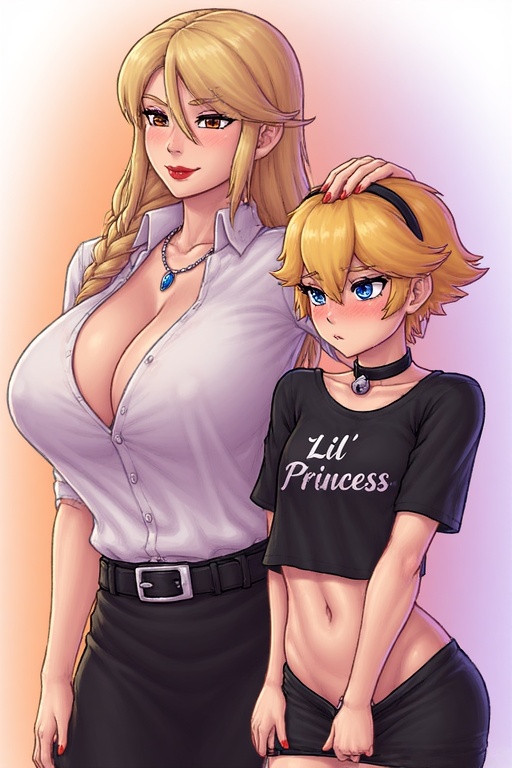 1boy, 1girls, age difference, ai generated, blonde hair, chastity cage, dominant female, female, female domination, femdom, feminine male, feminization, male, malesub, mom and son, mommy, size difference, smaller male, taller female