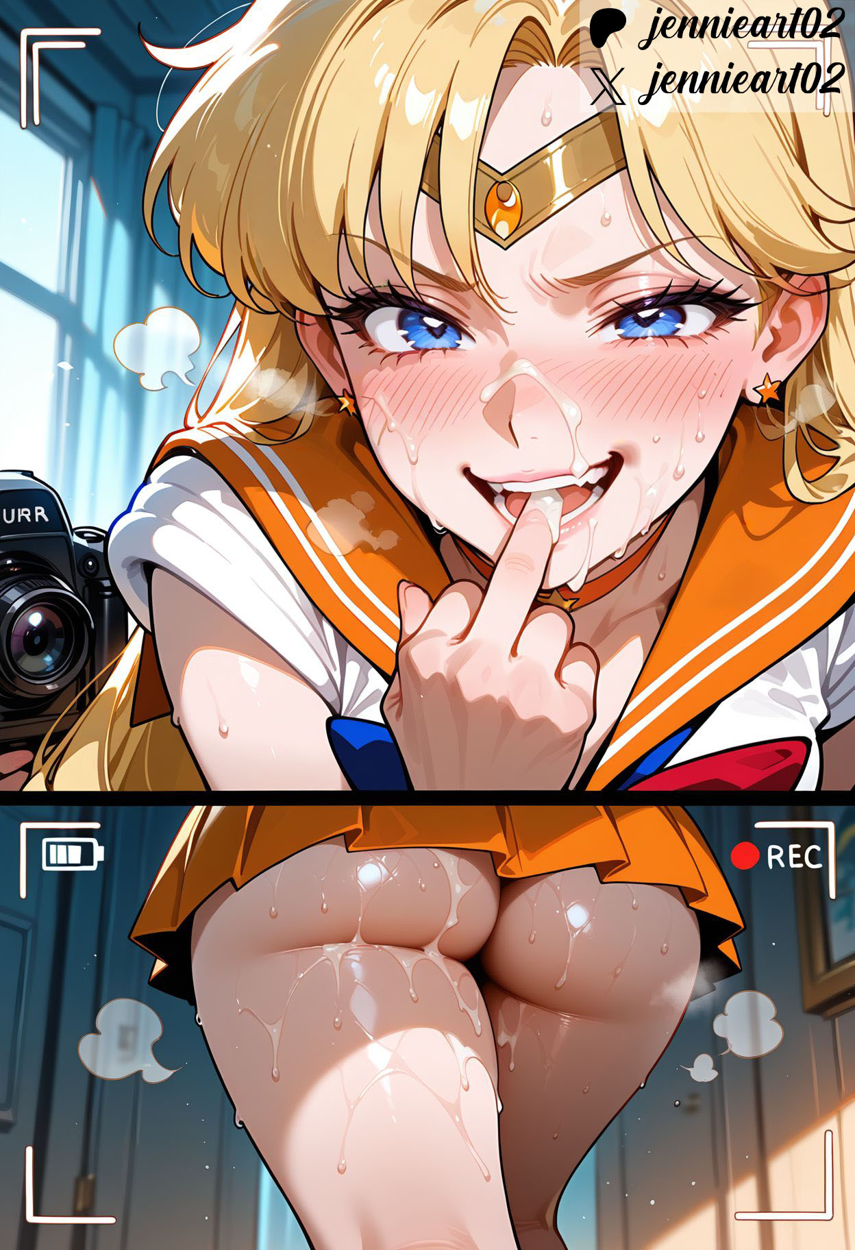 ai_generated ass bangs bishoujo_senshi_sailor_moon blonde_hair blue_bow blue_eyes blue_sailor_collar blue_skirt blush bow breasts camera choker clothing cum cum_in_mouth earrings english_language english_text eyelashes facial female female_only from_behind heart holding holding_camera indoors jennieart02 jewelry kneepits leaning_forward long_hair looking_at_viewer microskirt minako_aino miniskirt naughty_face open_mouth orange_choker orange_sailor_collar orange_skirt parted_bangs patreon patreon_logo patreon_username pleated_skirt recording red_bow sailor_collar sailor_senshi_uniform sailor_venus school_uniform semen semen_on_body serafuku shirt short_sleeves skirt smile solo star_(symbol) sweat symbol-shaped_pupils teeth text thighs tiara twitter twitter_username uniform upper_teeth_only upskirt v-shaped_eyebrows watermark